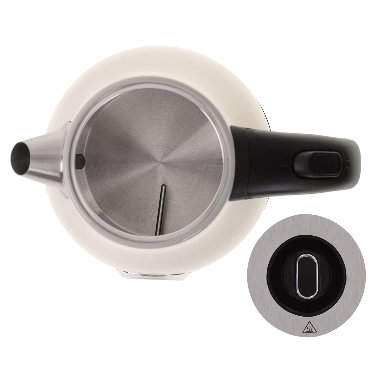 Widok z góry na kremowy czajnik elektryczny. Ma czarny uchwyt i wnętrze ze stali nierdzewnej. Widoczna jest oddzielna podstawa.