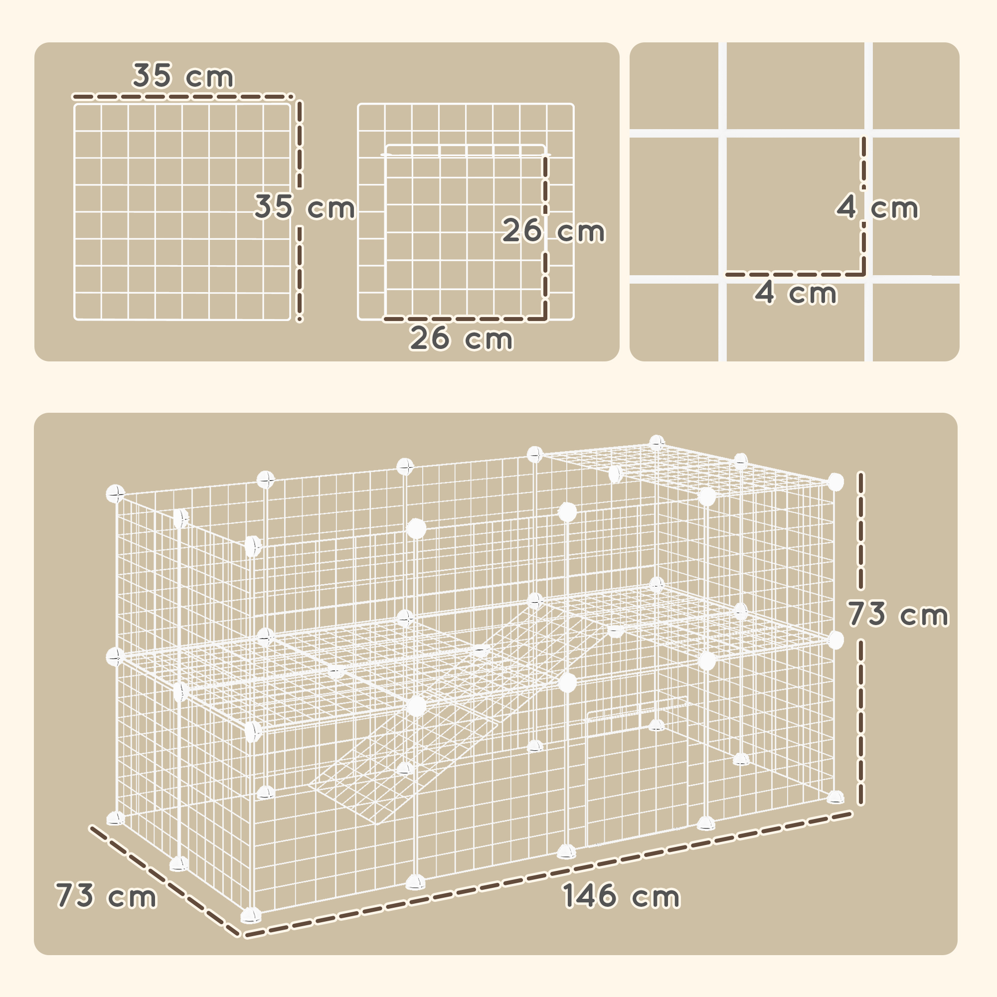 Diagrama de una jaula de alambre con dimensiones en cm. Incluye cuadrados pequeños con dimensiones y las medidas completas.