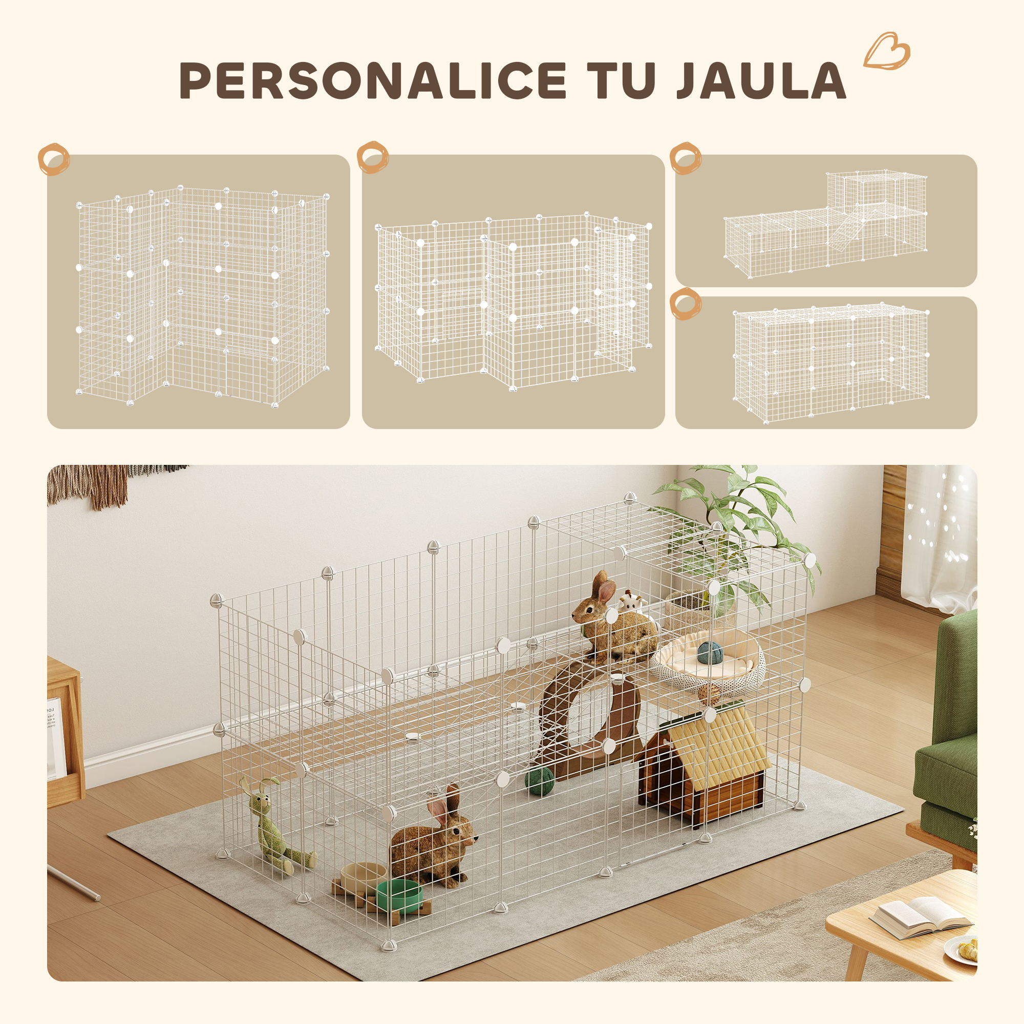 Una jaula para mascotas de alambre blanco con un conejo, juguetes y accesorios sobre una alfombra gris. Arriba, opciones de configuración de la jaula.