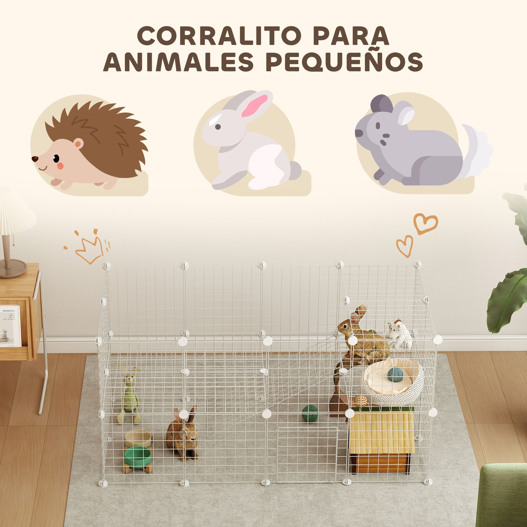 Una ilustración de un corralito para animales pequeños. Presenta animales de dibujos animados y un cercado de alambre, con piso alfombrado.