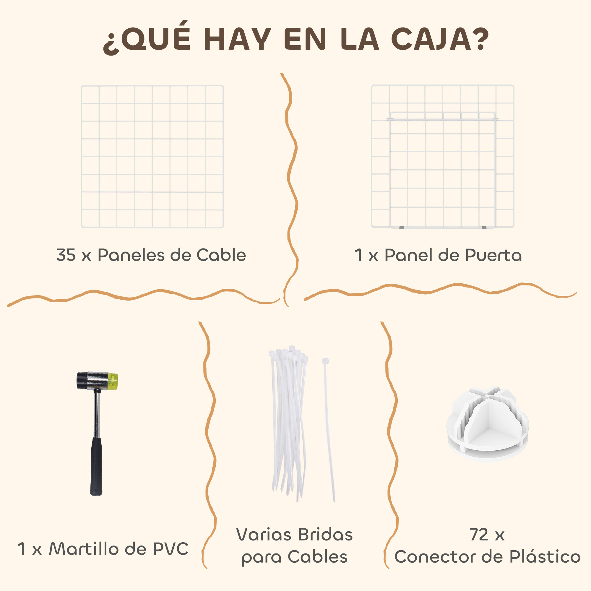 La imagen muestra el contenido de una caja: paneles, panel de puerta, martillo, bridas y conectores de plástico.