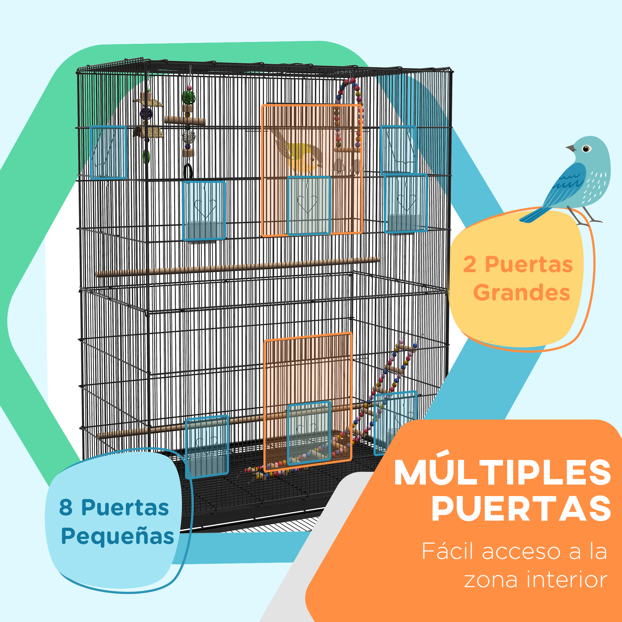 Una jaula para pájaros con múltiples puertas, un pájaro azul y texto en español. La jaula es negra, con juguetes dentro.