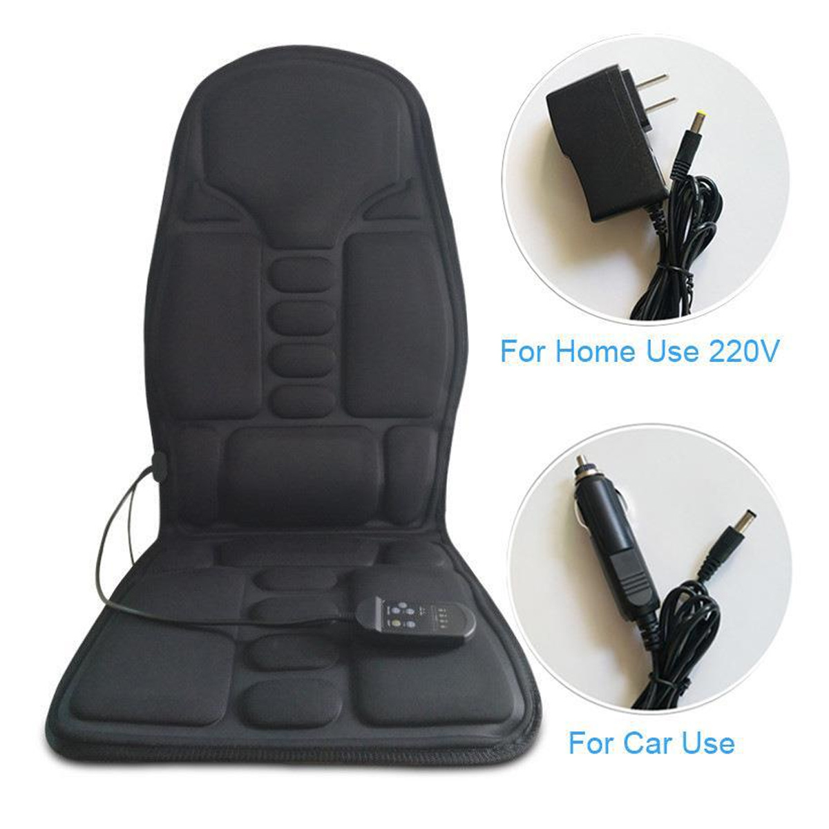 Ein schwarzer Massagesessel mit Bedienfeld und zwei Netzadaptern, einer für den Hausgebrauch und einer für das Auto.
