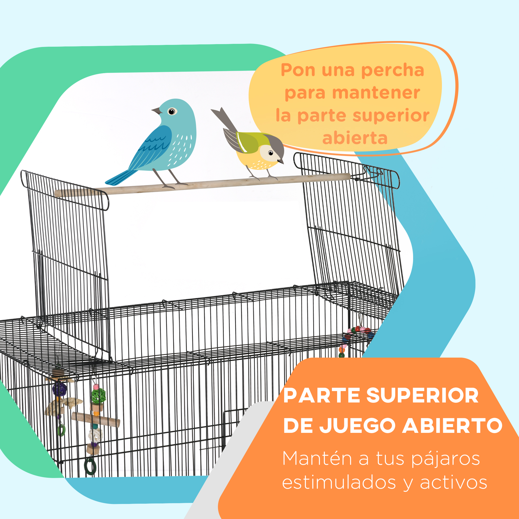 Una jaula con dos pájaros. El texto dice 'Área de juego abierta' y 'Mantenga a sus pájaros estimulados y activos'.
