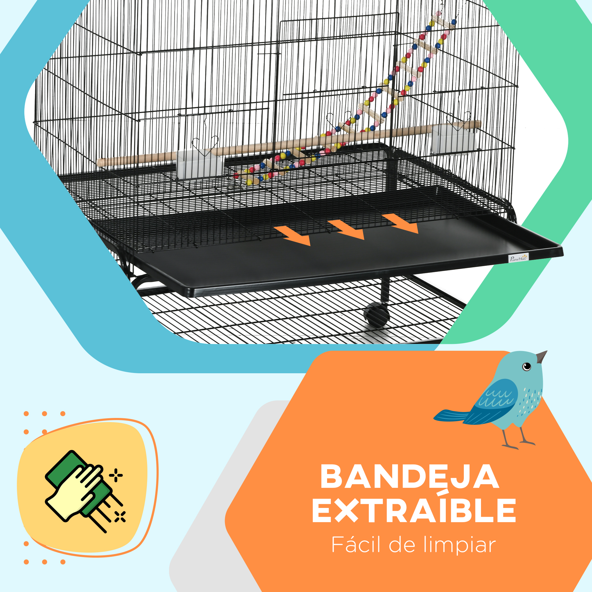 Jaula de pájaros con bandeja negra. Tiene una ilustración de un pájaro azul y texto: 'Bandeja Extraíble. Fácil de limpiar'.