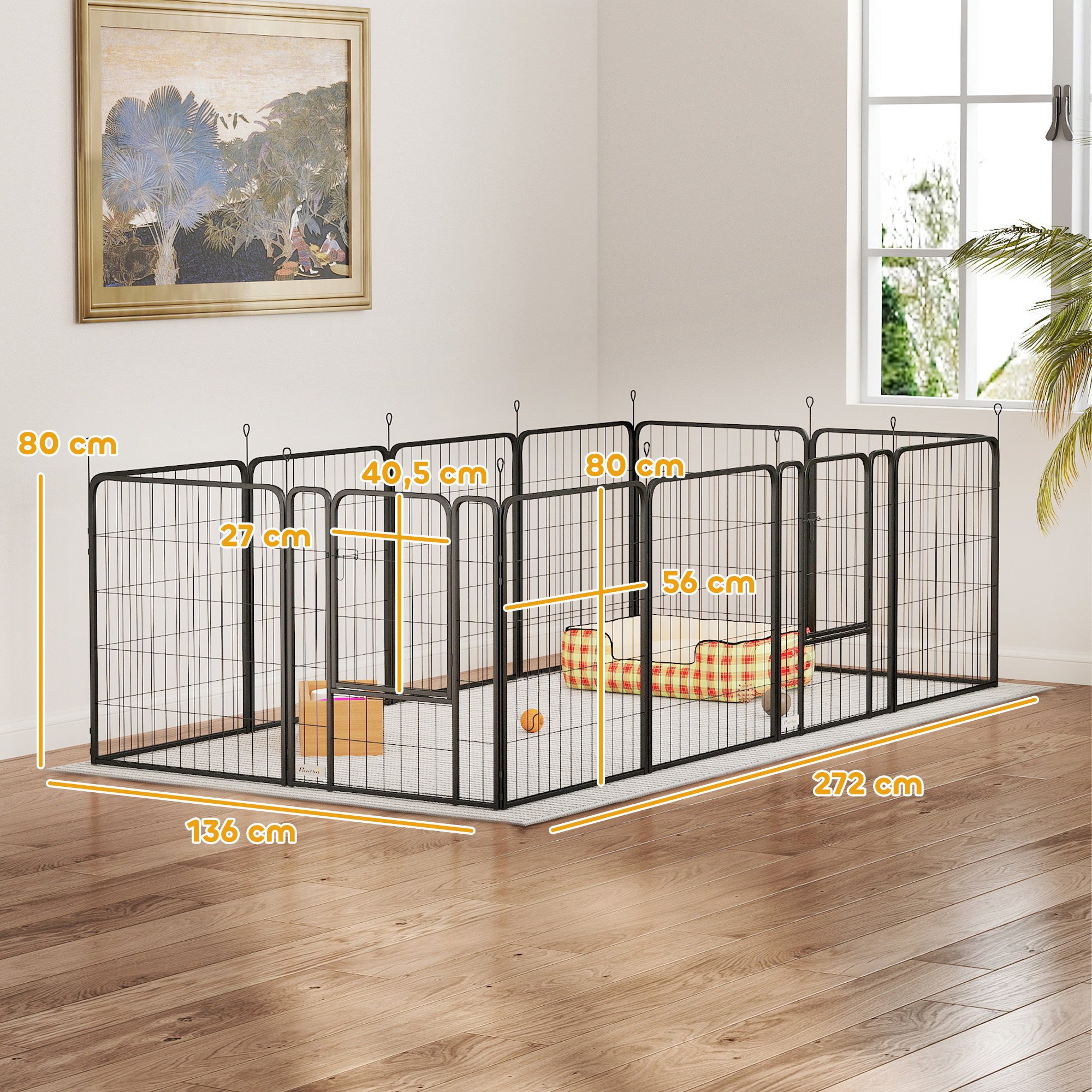 Un parque para perros con dimensiones etiquetadas. Dentro, una cama y una pelota. Un cuadro cuelga en la pared y se ve una ventana.