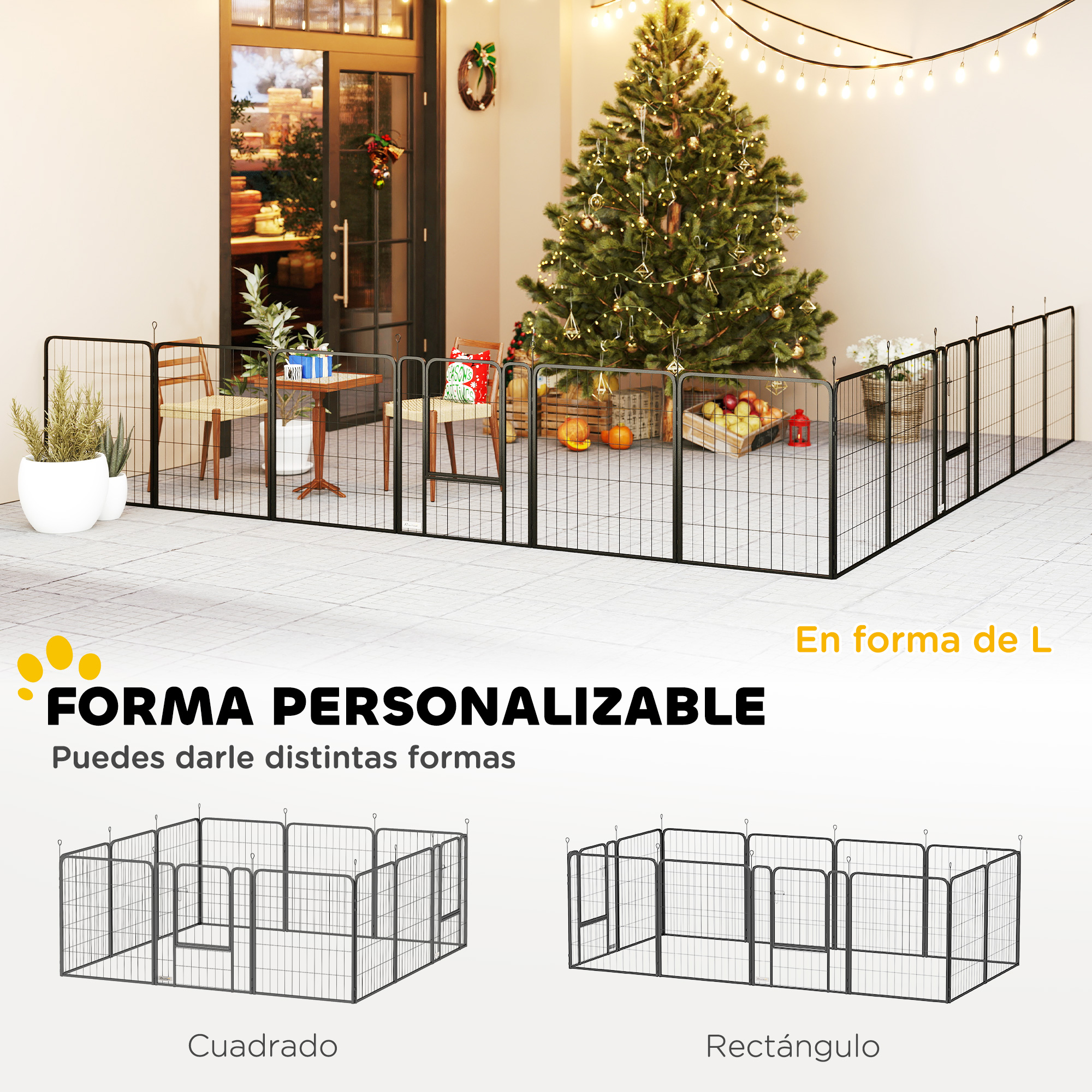 Una escena al aire libre con un árbol de Navidad, regalos y una valla metálica. El texto dice: 'Forma personalizable'. Se muestran formas cuadradas y rectangulares.