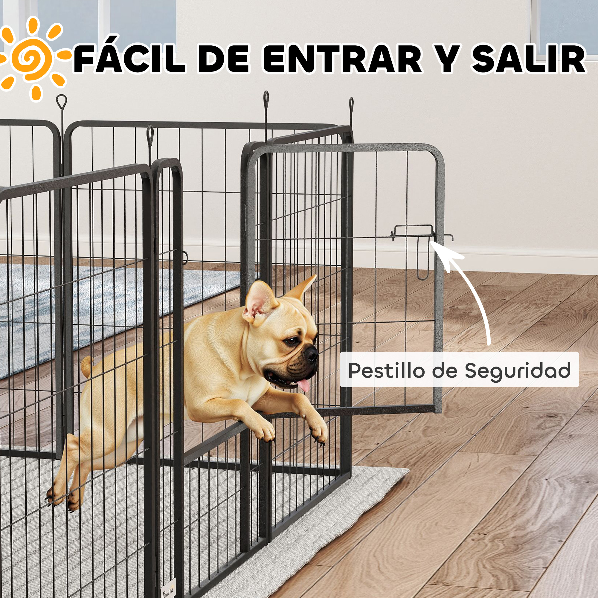 Un bulldog francés marrón salta sobre un corral metálico negro para mascotas con la puerta abierta. Texto: 'Fácil de entrar y salir'.