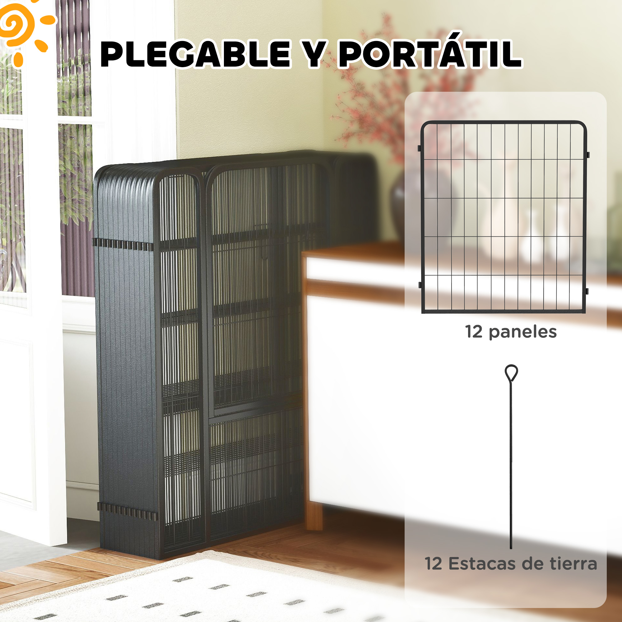 Una puerta plegable negra para mascotas en una habitación. La imagen incluye texto en español. Un diagrama muestra 12 paneles y estacas.