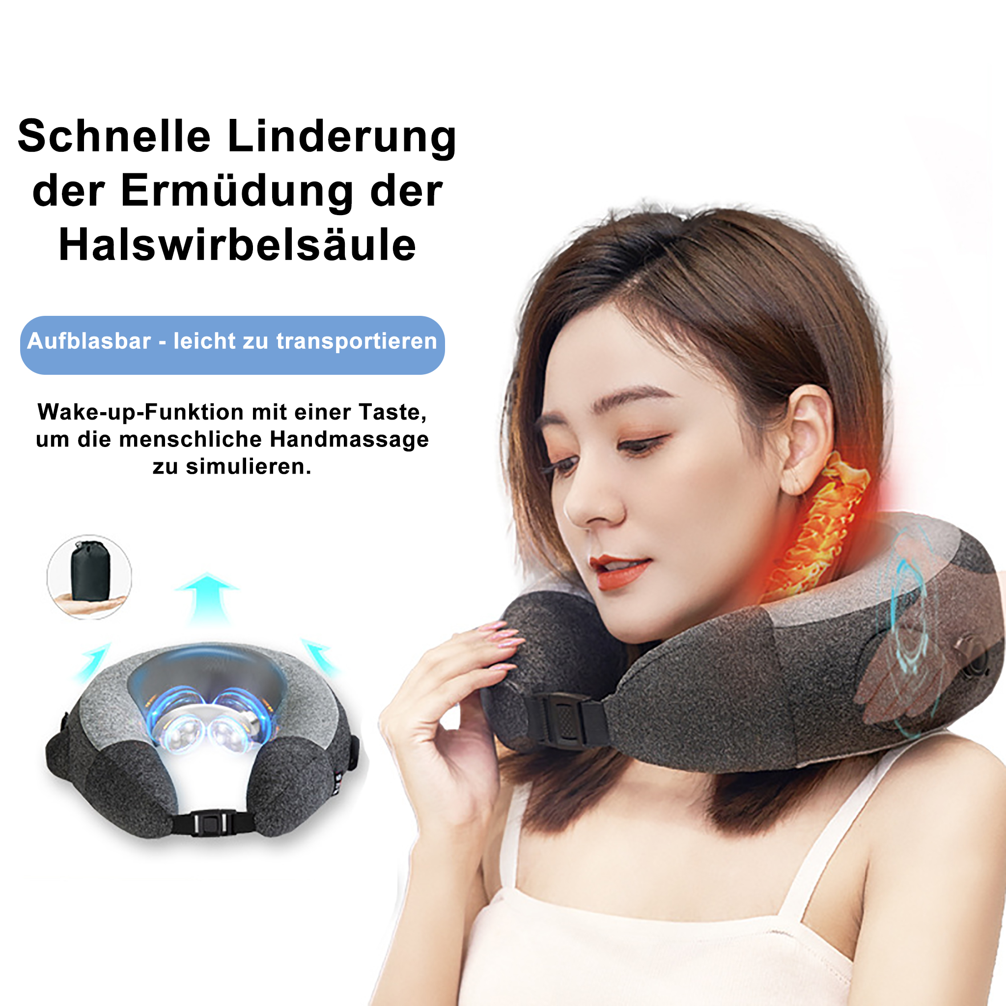 Eine Frau trägt ein Nackenmassagegerät. Es ist grau mit blauen Lichtern. Text auf Deutsch steht oben im Bild.