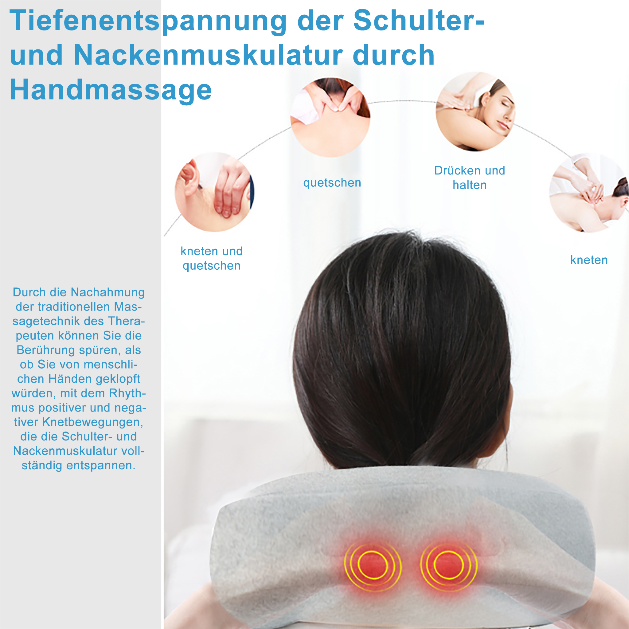 Das Bild zeigt ein Nackenmassagegerät mit hervorgehobenen Heizzonen. Es werden verschiedene Handmassagetechniken gezeigt.