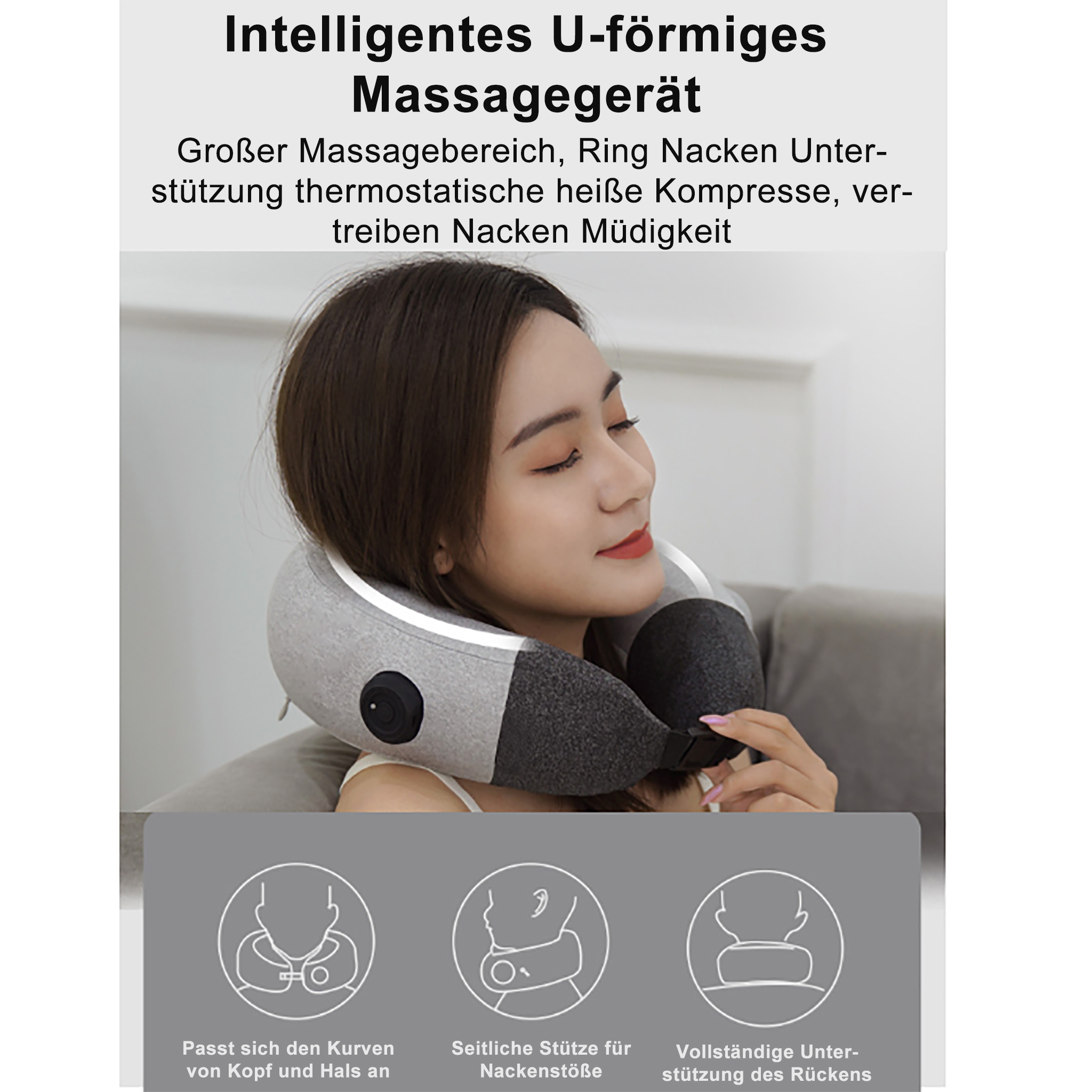 Eine Frau trägt ein graues Nackenmassagegerät. Es hat eine U-Form und liegt um ihren Hals. Sie sitzt auf einem Sofa.