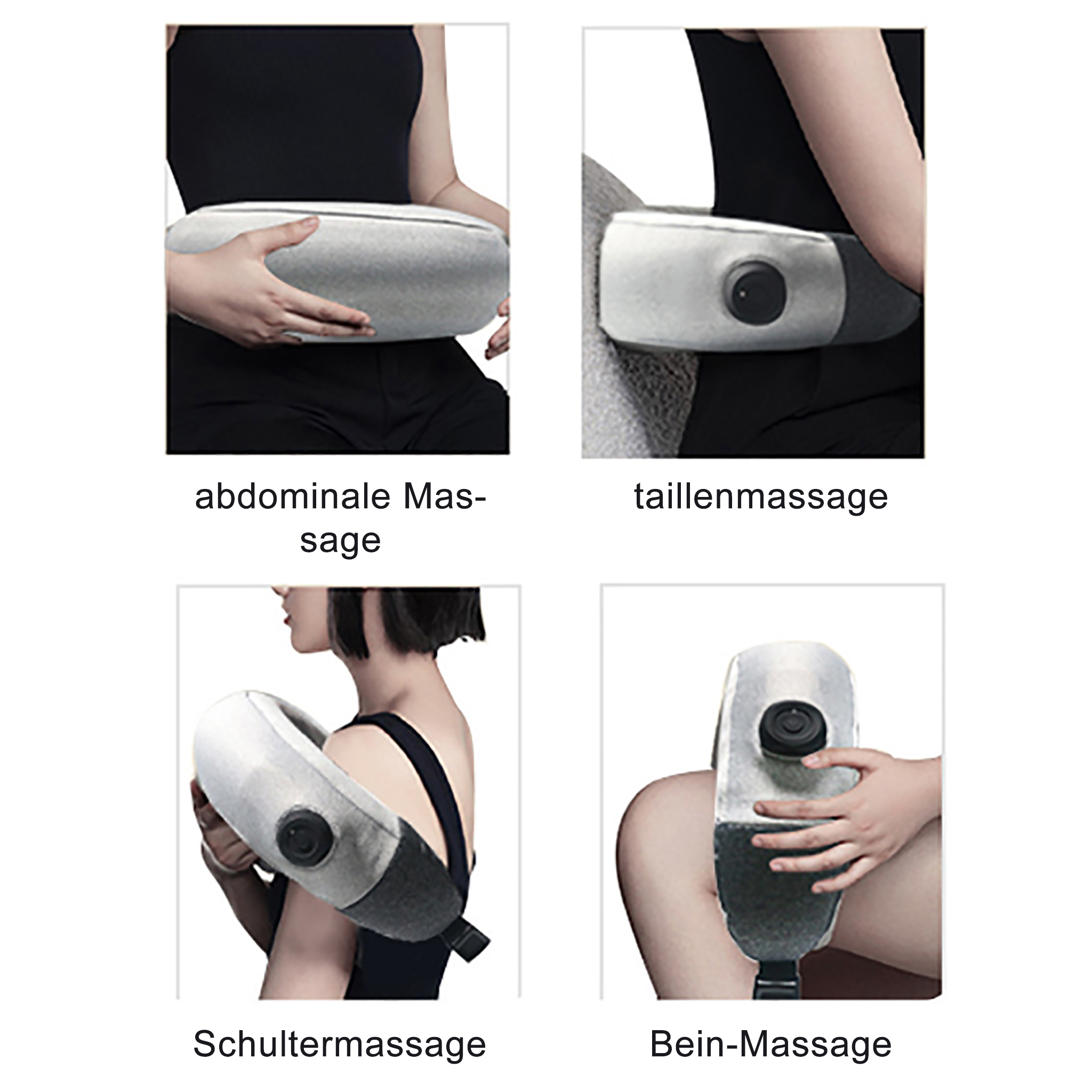 Vier Bilder zeigen ein Massagegerät an Bauch, Taille, Schulter und Bein. Jedes Bild zeigt eine Person, die das Gerät benutzt.