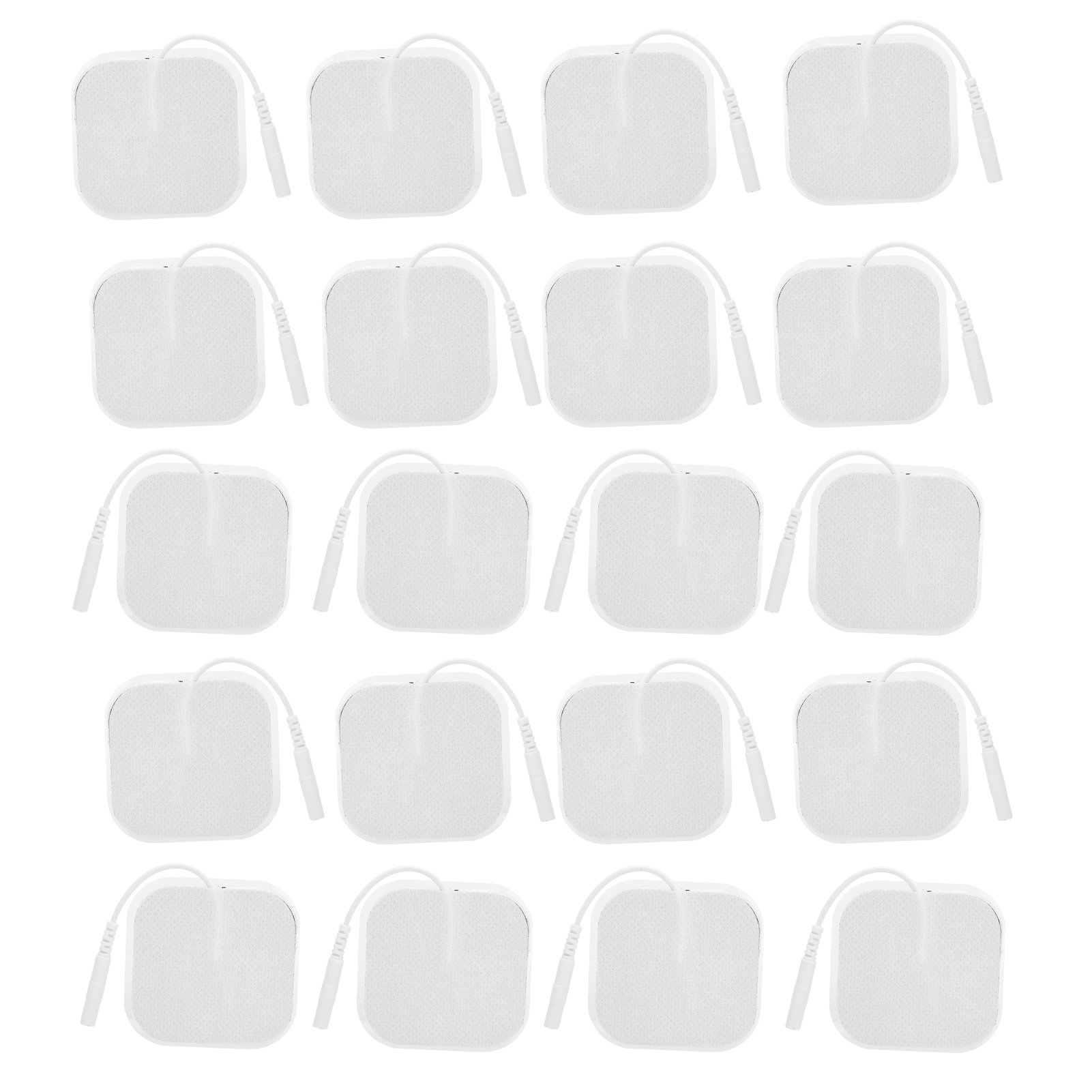 Das Bild zeigt mehrere weiße Elektrodenpads mit angebrachten Drähten, die in einem Rastermuster auf weißem Hintergrund angeordnet sind.