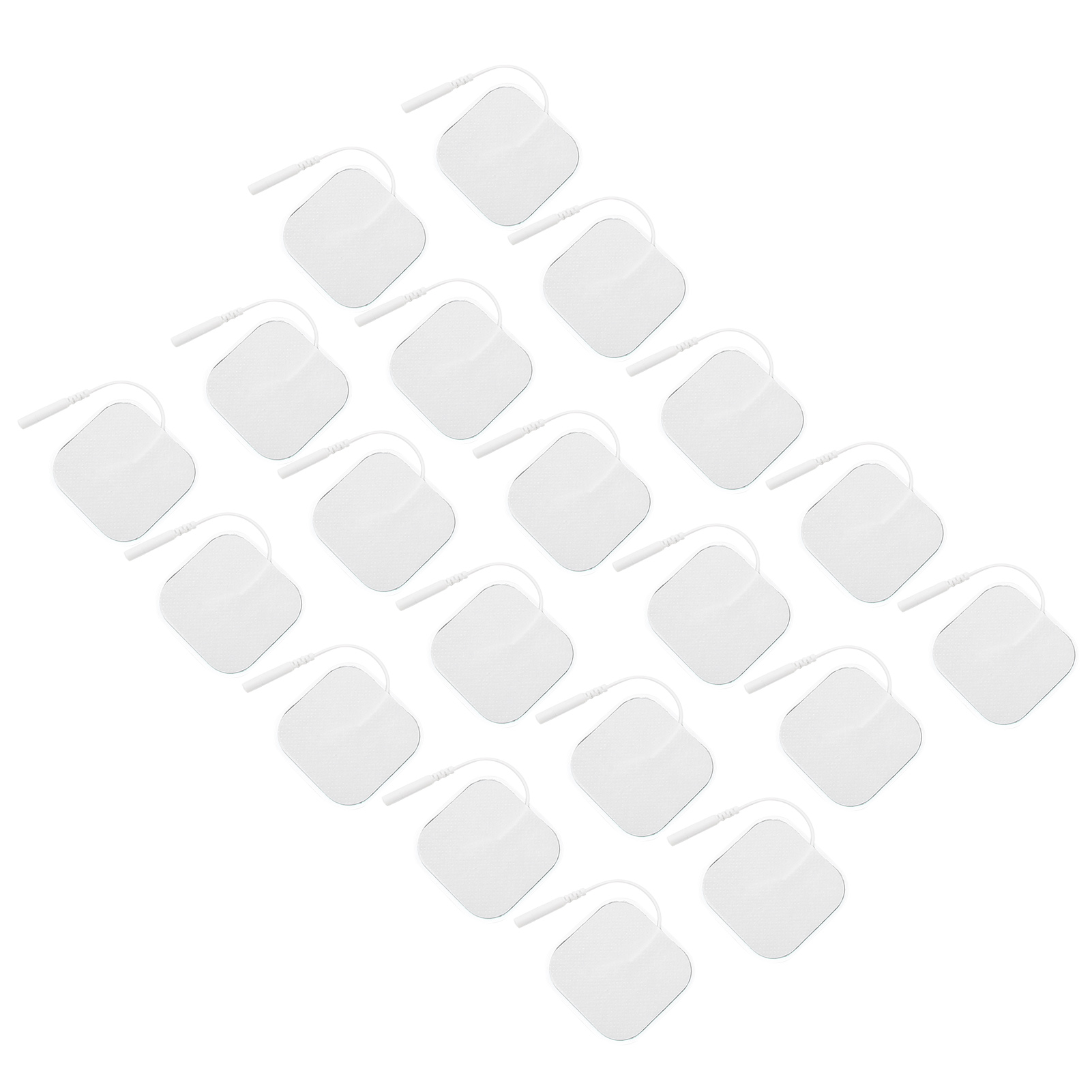 Eine Draufsicht zeigt mehrere weiße Elektrodenpads mit Drähten, die in einem Rastermuster vor einem weißen Hintergrund angeordnet sind.