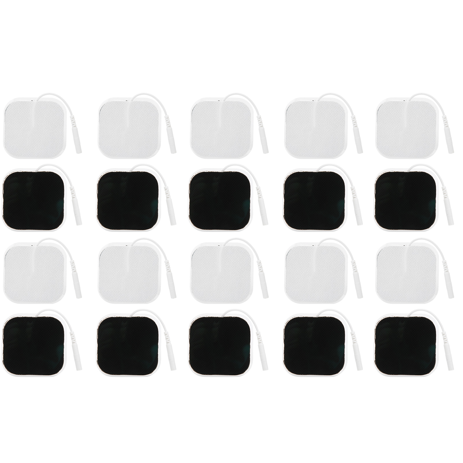 Anordnung weißer und schwarzer Elektrodenpads, jeweils mit einem weißen Draht. Die Pads sind quadratisch.