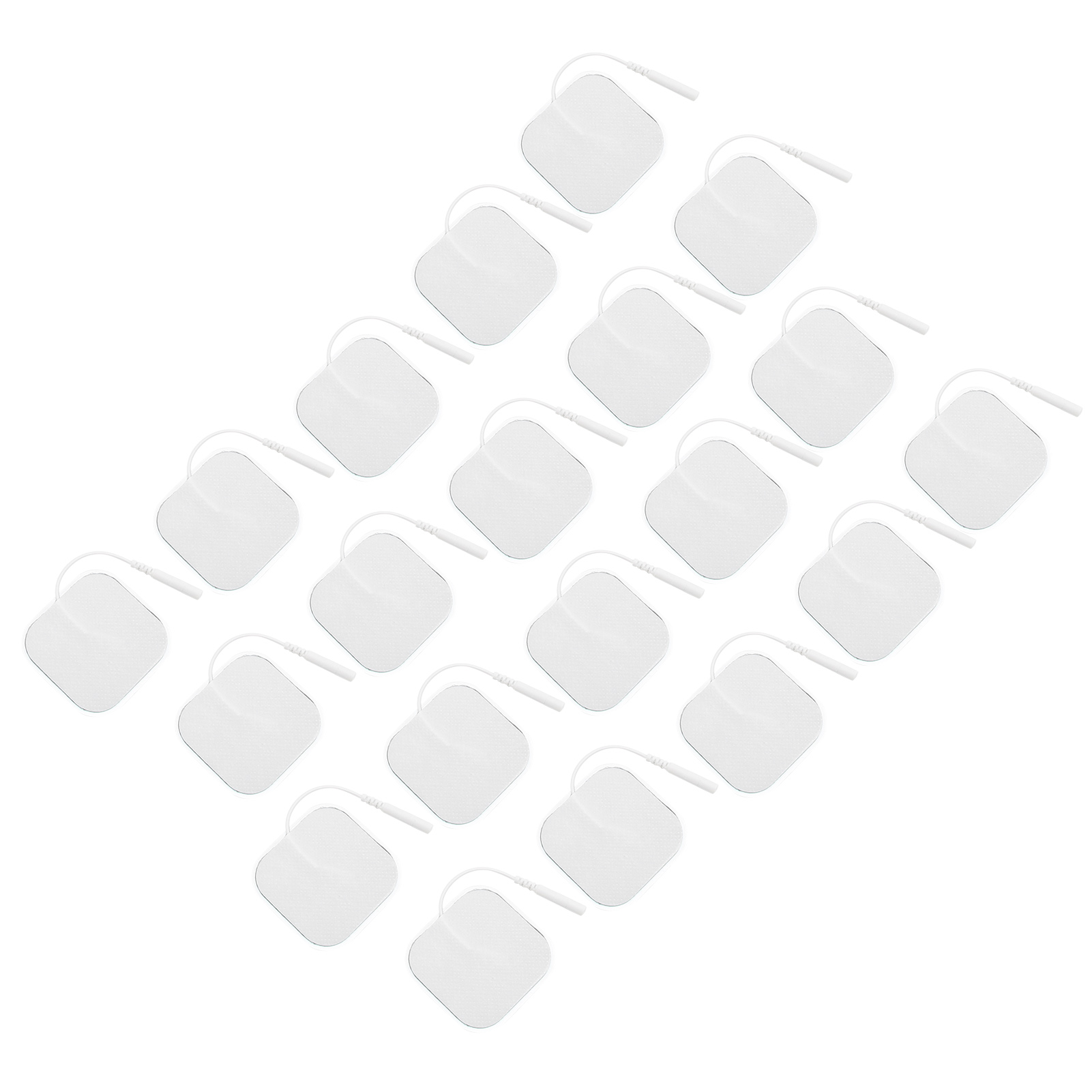 Ein Array weißer Elektrodenpads mit angebrachten Drähten, diagonal auf weißem Hintergrund angeordnet.