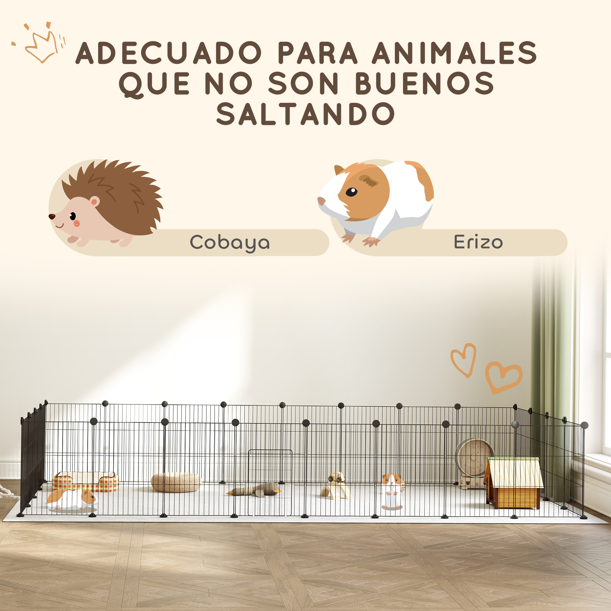 La imagen muestra un erizo y un conejillo de indias dentro de un parque. El texto dice: 'Adecuado para animales que no son buenos saltando'.