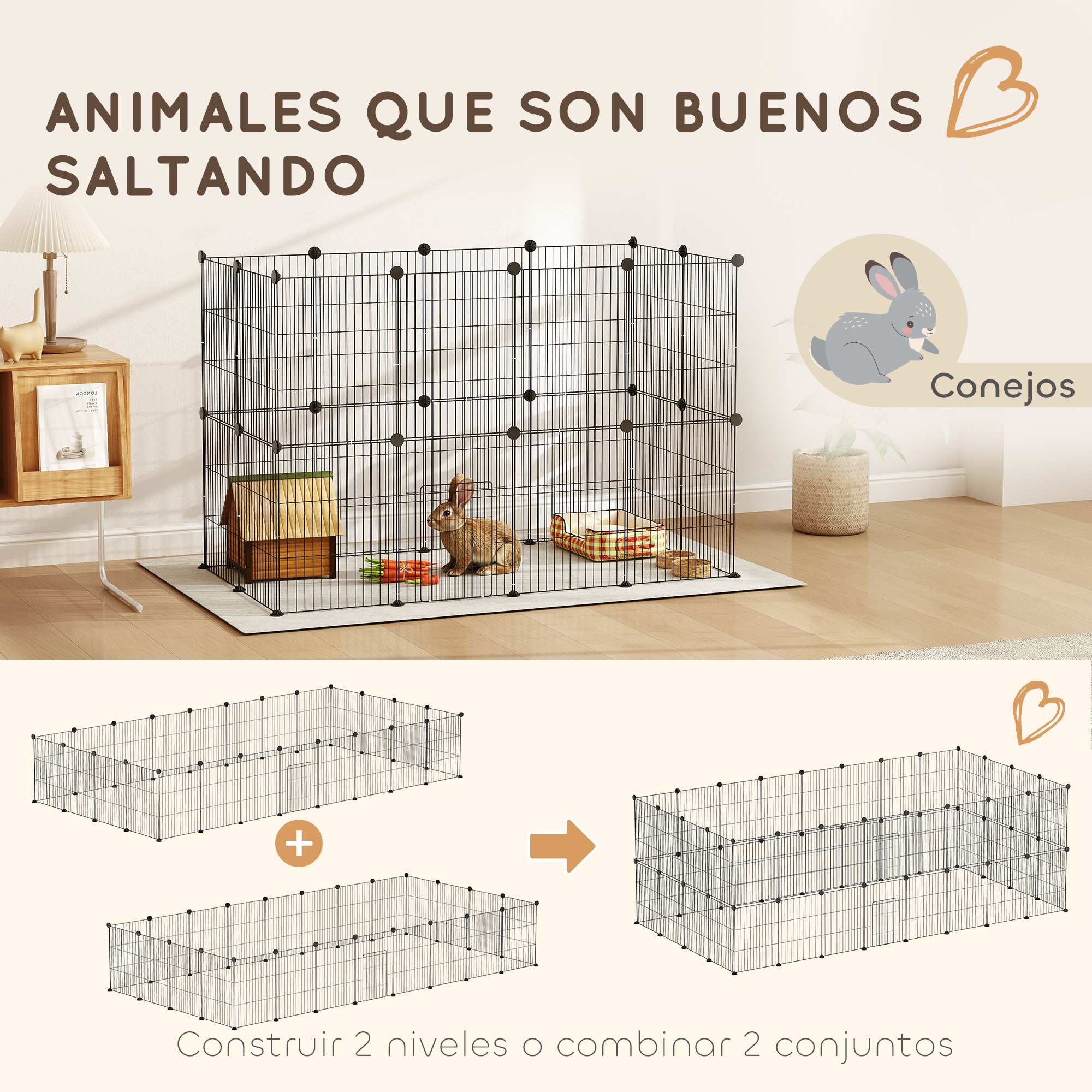 Un conejo en una jaula con zanahorias. Texto: 'Animales que saltan bien'. Debajo se muestran opciones de jaulas.