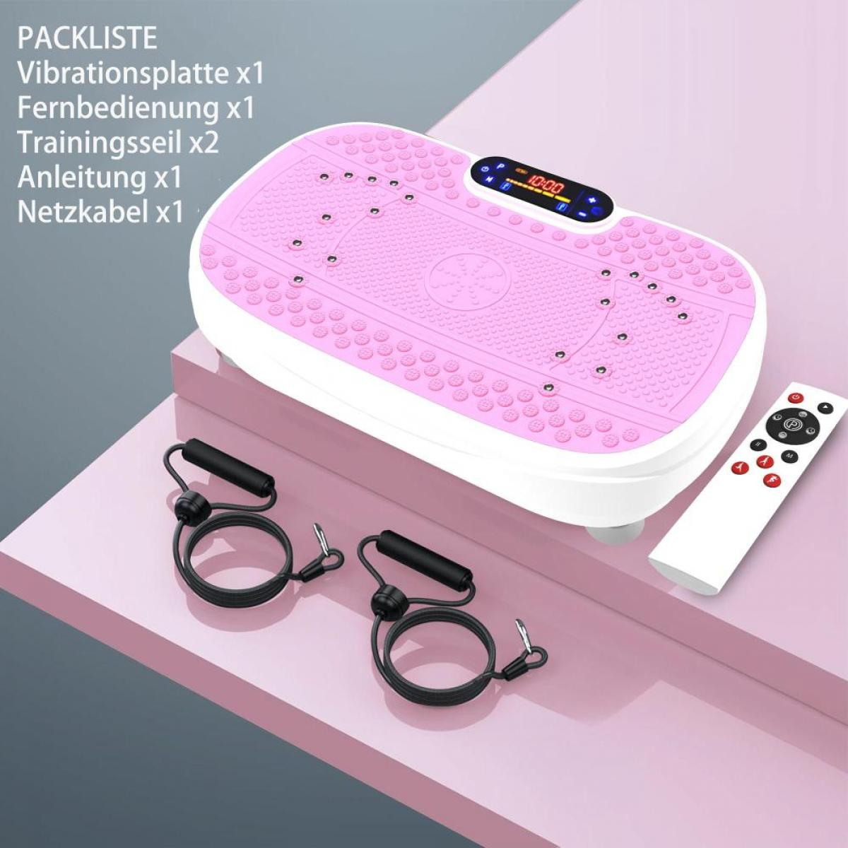 Eine rosa Vibrationsplatte mit Fernbedienung und Widerstandsbändern. Text mit Komponenten auf Deutsch.