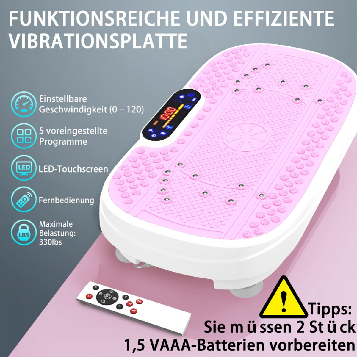 Eine pinkfarbene Vibrationsplatte mit Digitalanzeige, Fernbedienung und Symbolen, die Funktionen und einen Batteriehinweis anzeigen.