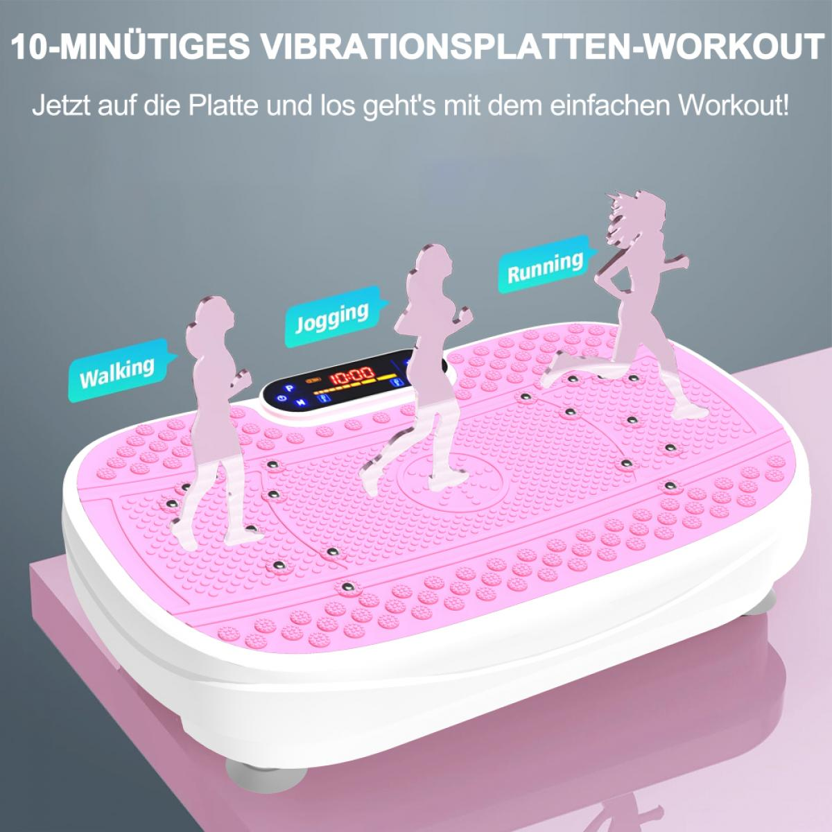 Das Bild zeigt eine pinkfarbene Vibrationsplattform mit drei Figuren, die als Gehen, Joggen und Laufen gekennzeichnet sind. Der Timer zeigt 10:00.