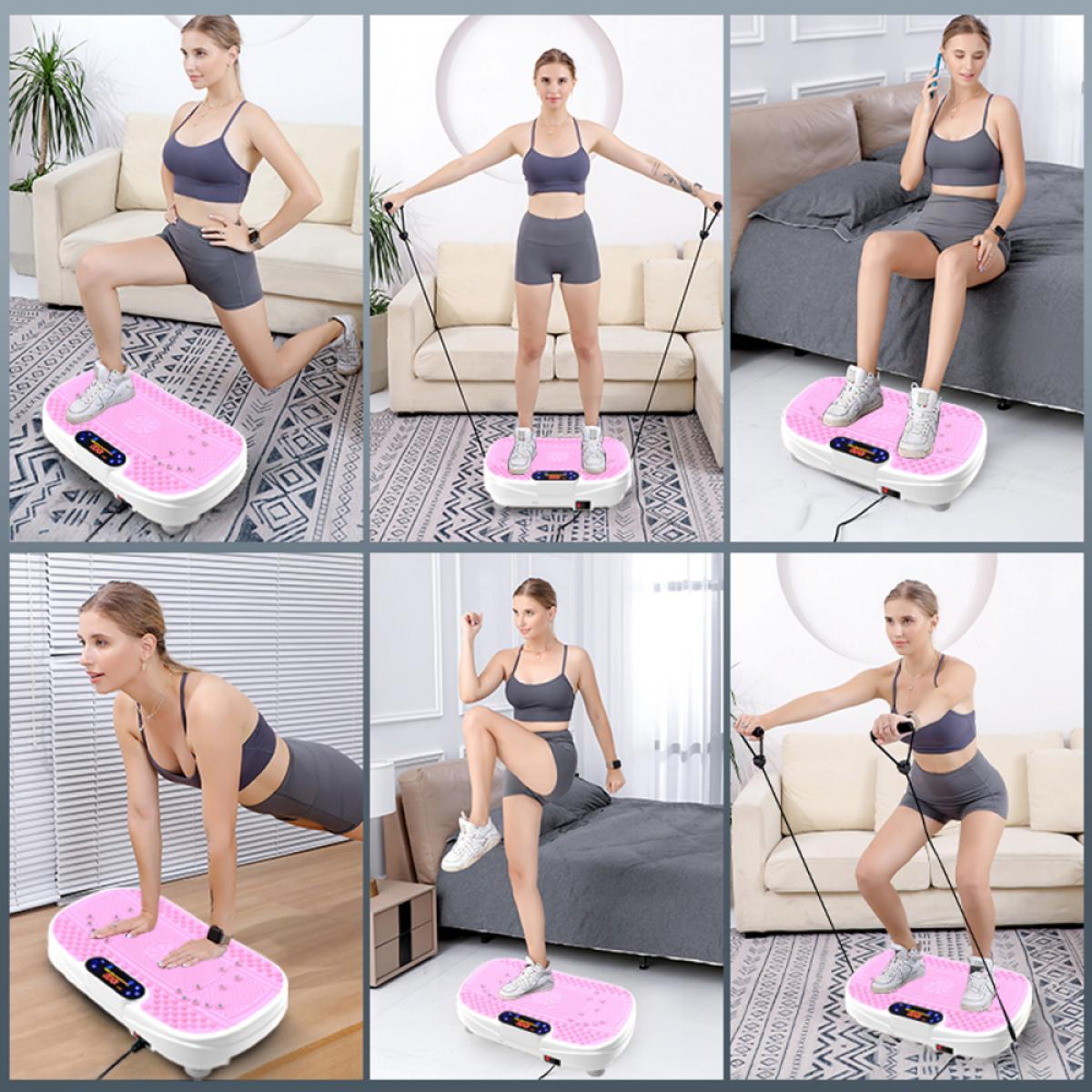 Eine Frau trainiert auf einer rosa Vibrationsplatte. Sie befindet sich in verschiedenen Posen: Ausfallschritt, Stehen, Plank und mit Widerstandsbändern.