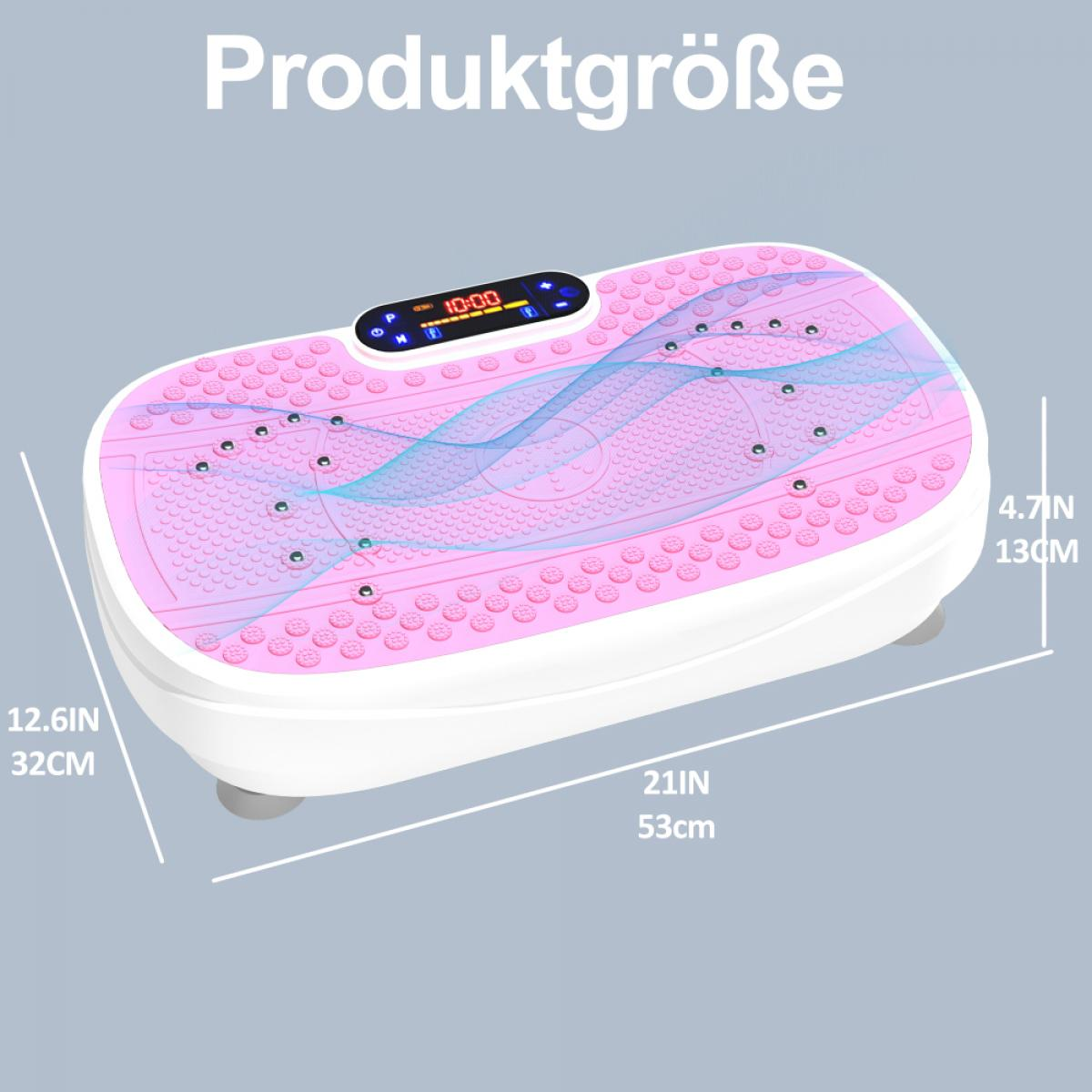 Rosa und weiße Vibrationsplatte mit Digitalanzeige, Abmessungen sind angegeben. Text oben lautet Produktgroße.