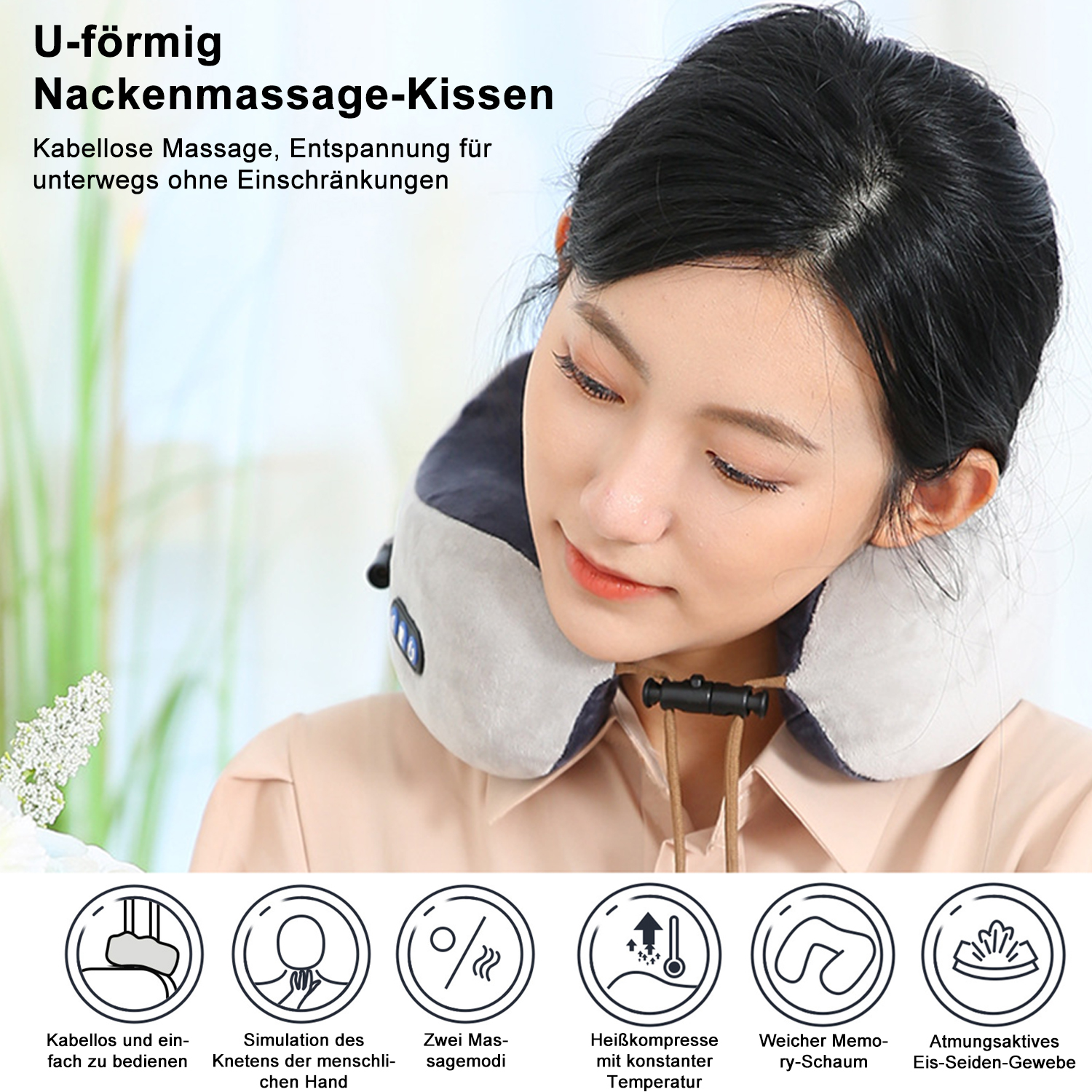 Eine Frau trägt ein U-förmiges Nackenmassagekissen. Das Bild zeigt das Kissen und seine Funktionen wie kabellose Nutzung.