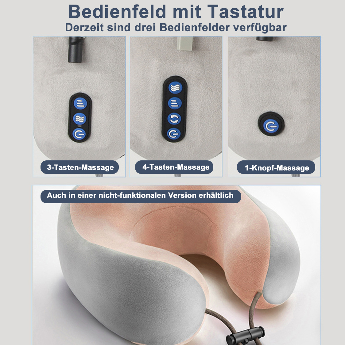 Das Bild zeigt drei Bedienfelder mit unterschiedlichen Knopfkonfigurationen und ein Nackenkissen. Text zeigt Massagearten und Verfügbarkeit.