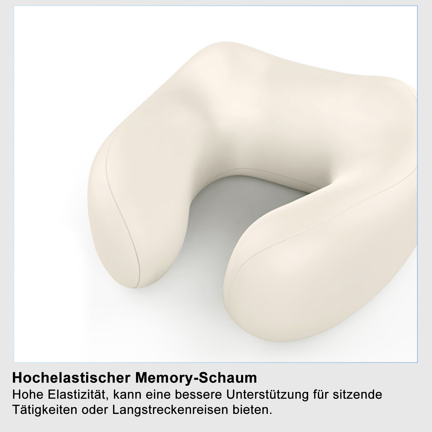 Cremefarbenes U-förmiges Nackenstützkissen aus Memory-Schaum vor weißem Hintergrund.