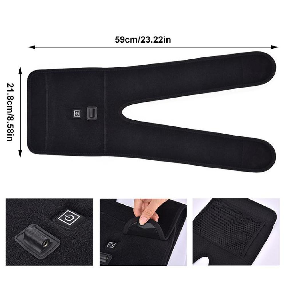 Schwarze Kniebandage mit Power-Taste, Abmessungen 59 cm x 21,8 cm. Details umfassen einen Stromanschluss und eine Tasche.
