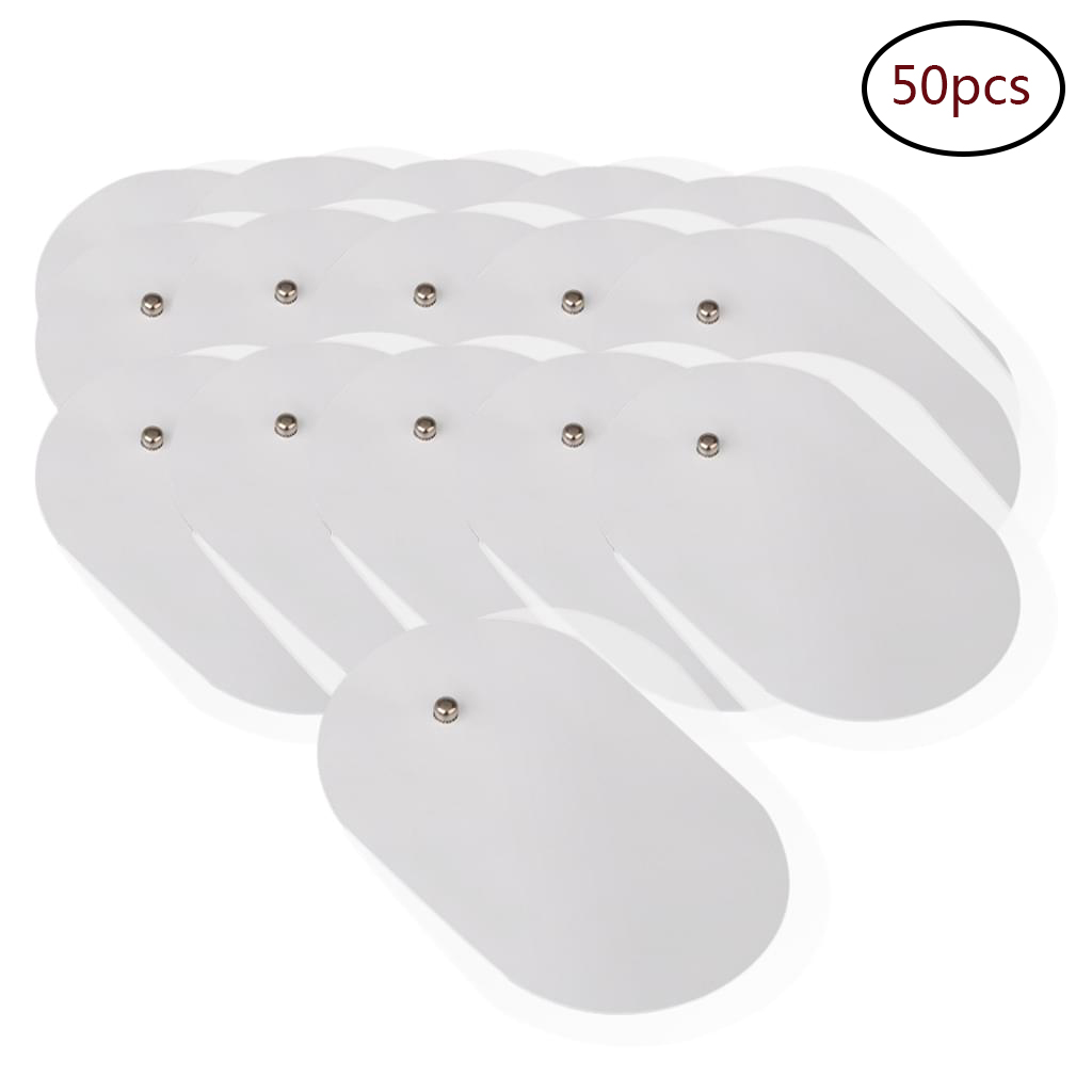 Weiße ovale Pads mit Metallstiften sind in einer Gruppe angeordnet. Ein Etikett lautet '50 Stück'.