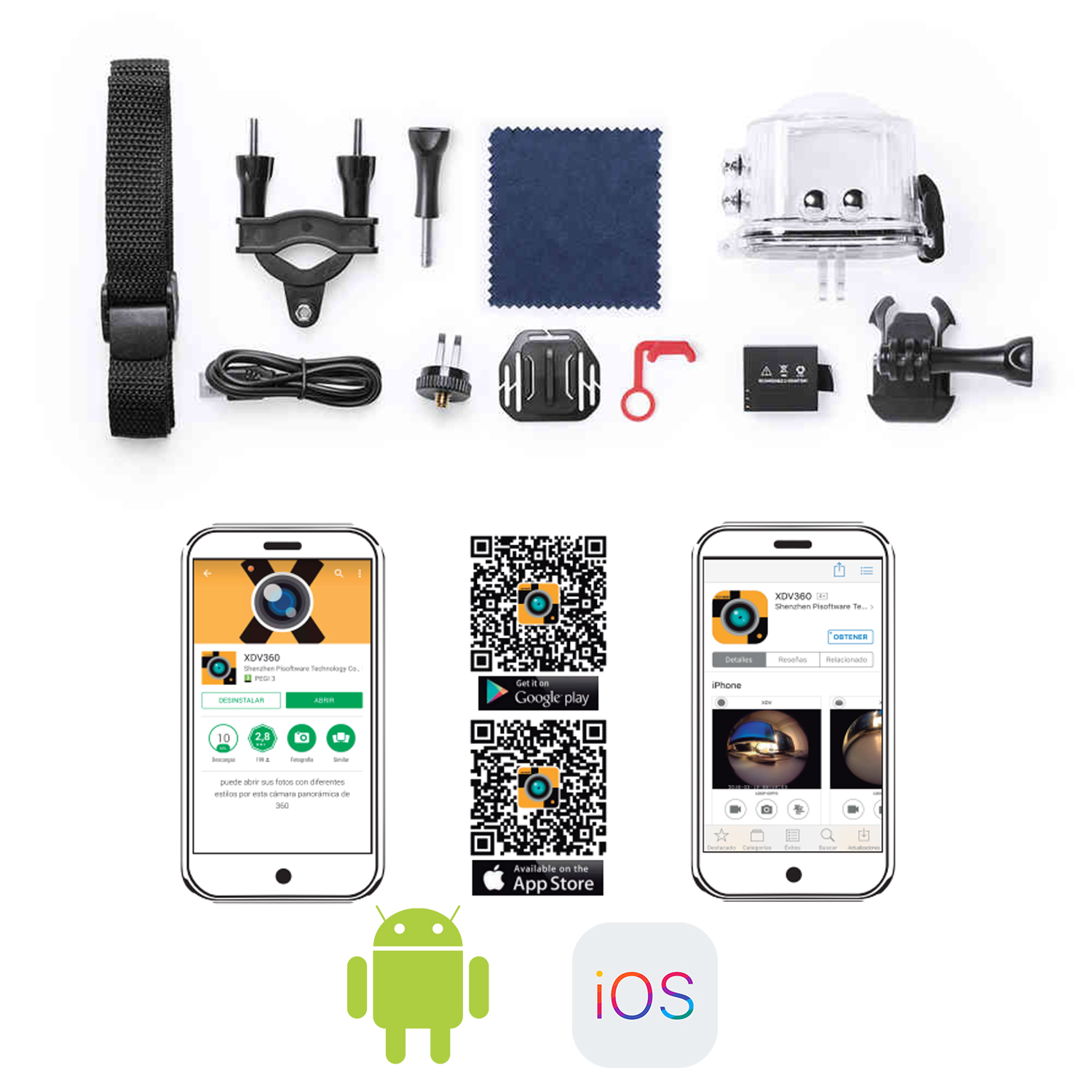 Un kit con accesorios de cámara, teléfonos que muestran aplicaciones, códigos QR y logotipos para dispositivos Android e iOS. Fondo blanco.