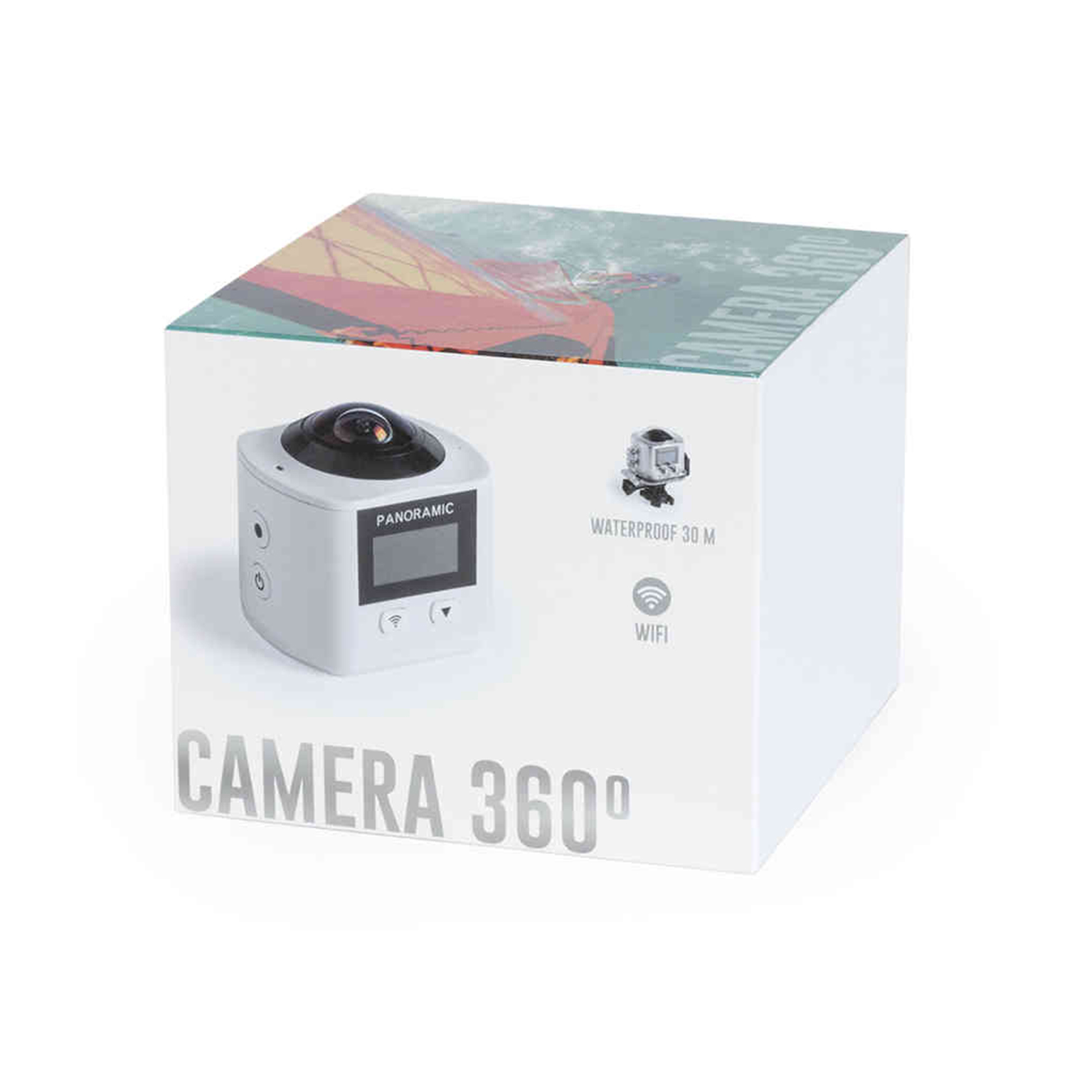 Una caja blanca con una cámara panorámica de 360° encima. Dice 'WATERPROOF 30 M' y 'WIFI'. La caja tiene una imagen en la parte superior.