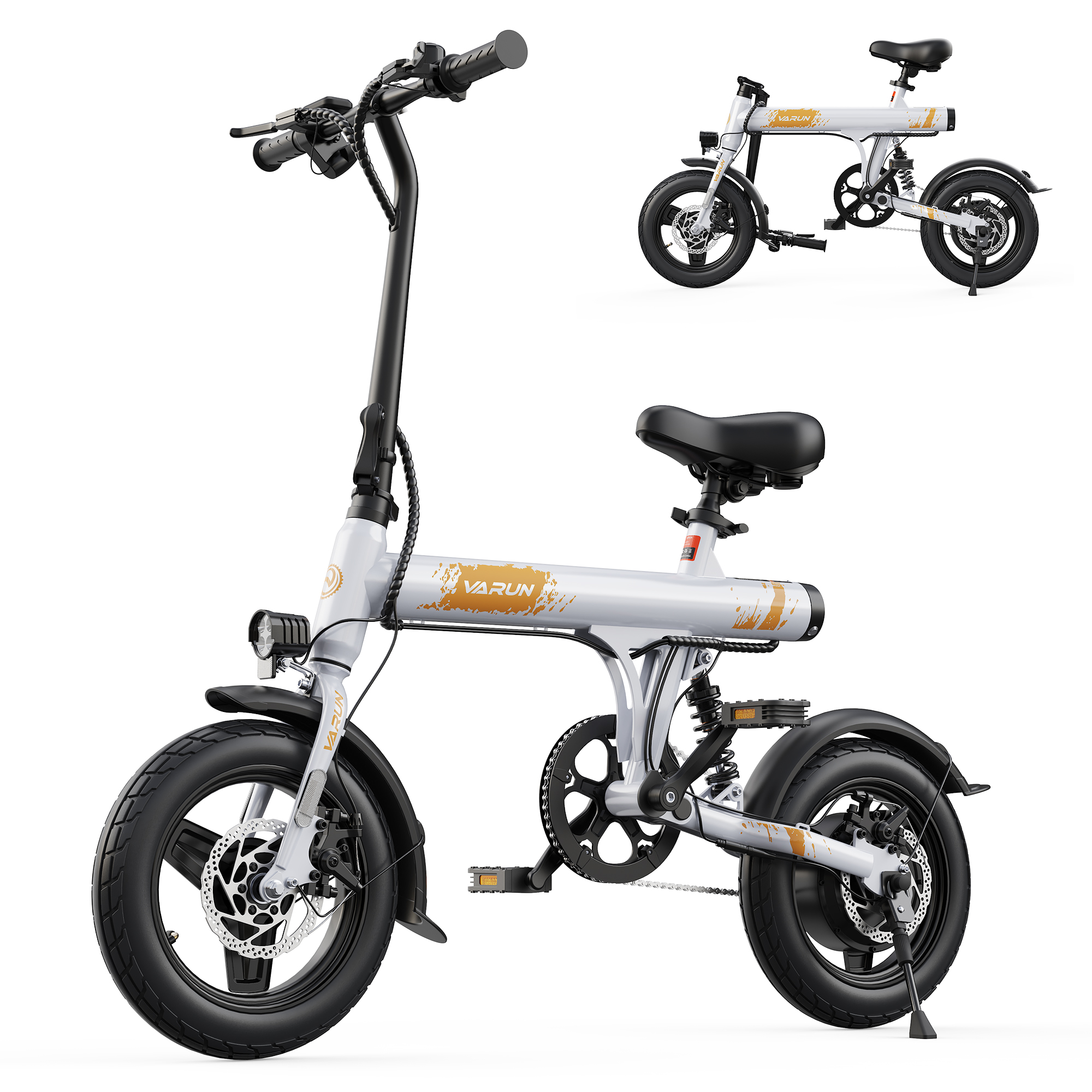 Bicicleta eléctrica blanca con neumáticos y asiento negros. Tiene detalles en naranja y la marca 'VARUN'. Incluye una imagen más pequeña.