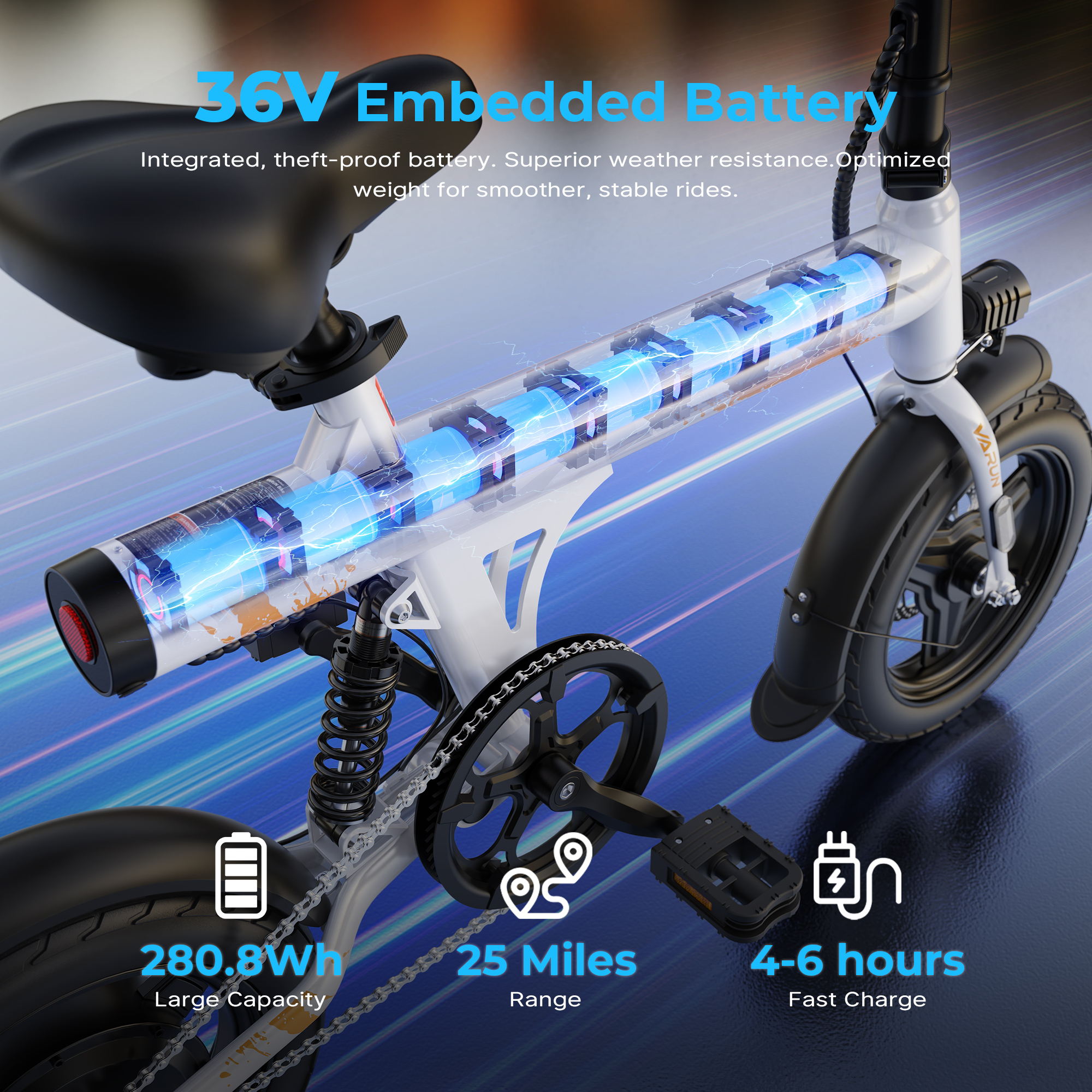 Una bicicleta eléctrica con batería azul, 36V e información sobre autonomía y carga.