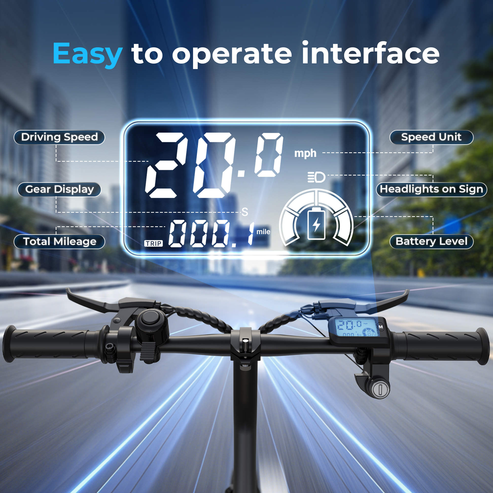 Panel de scooter eléctrico que muestra 20.0 mph, 000.1 milla, nivel de batería y estado de los faros.
