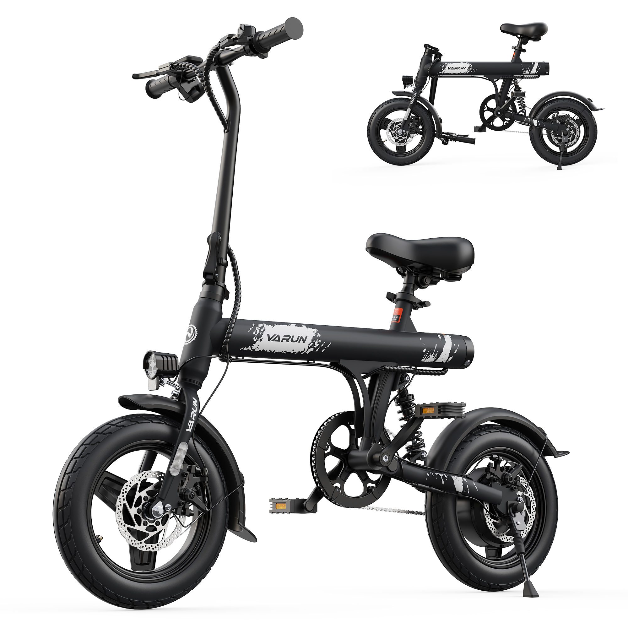 Bicicleta eléctrica VARUN negra sobre fondo blanco. Tiene ruedas pequeñas, asiento y faro. Se muestran dos bicicletas.