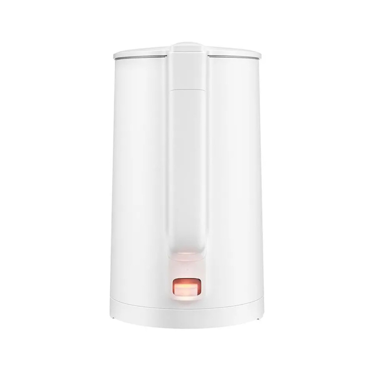 Biały czajnik elektryczny z uchwytem. Spód ma pomarańczowe światło, wskazujące, że jest włączony.