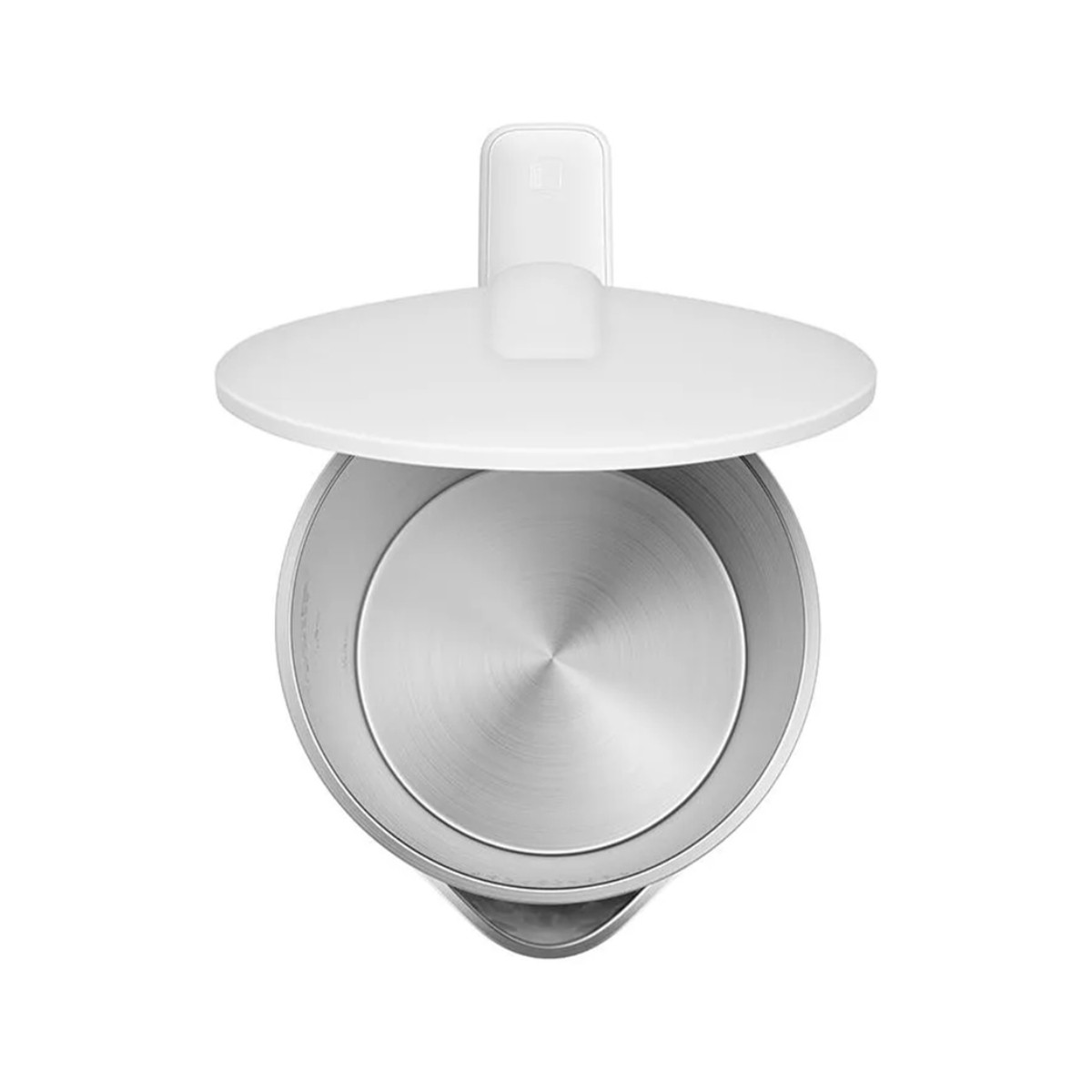 Widok z góry na biały czajnik elektryczny z otwartą pokrywą. Wnętrze jest srebrne, z białym uchwytem na górze.