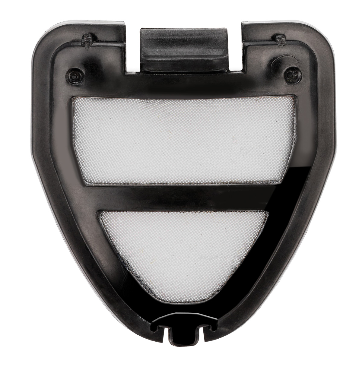 Un cestello filtro per macchina da caffè in plastica nera con una rete a maglia fine. Il cestello ha una forma unica ed è isolato su bianco.
