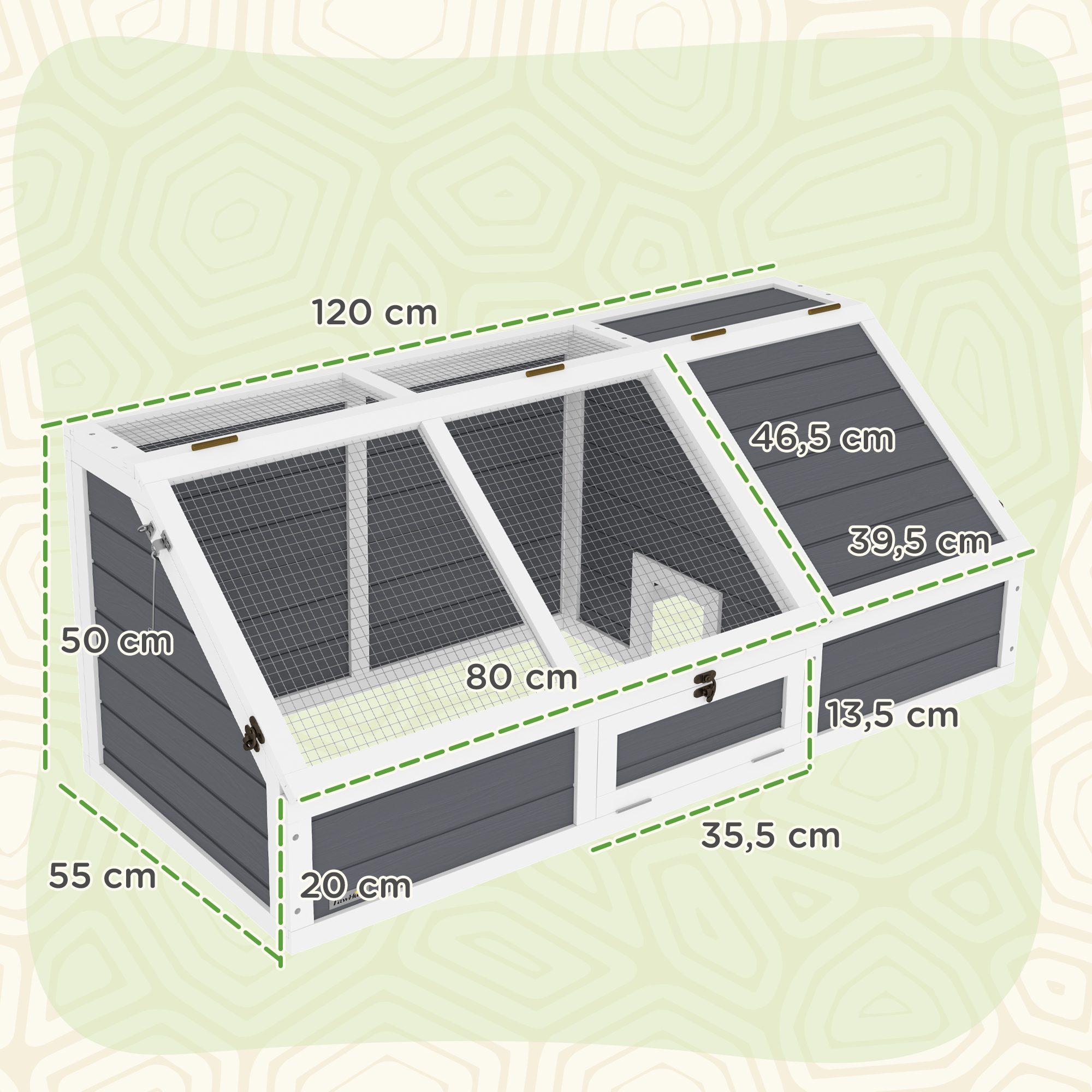 Una conejera de madera gris y blanca con dimensiones etiquetadas. Tiene techo y puerta de malla, sobre un fondo verde.