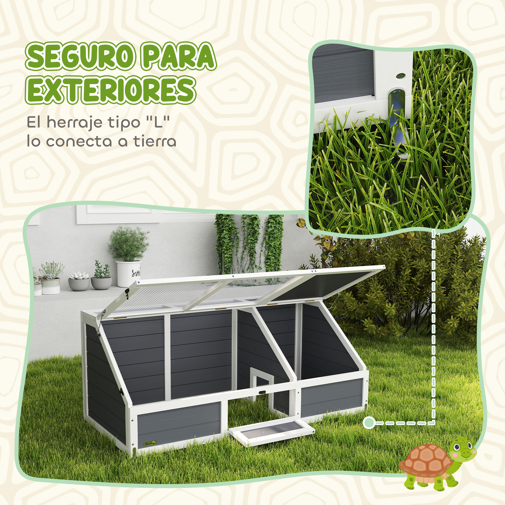Un recinto para animales al aire libre gris y blanco sobre hierba. Una tortuga está abajo a la derecha. Texto verde arriba.