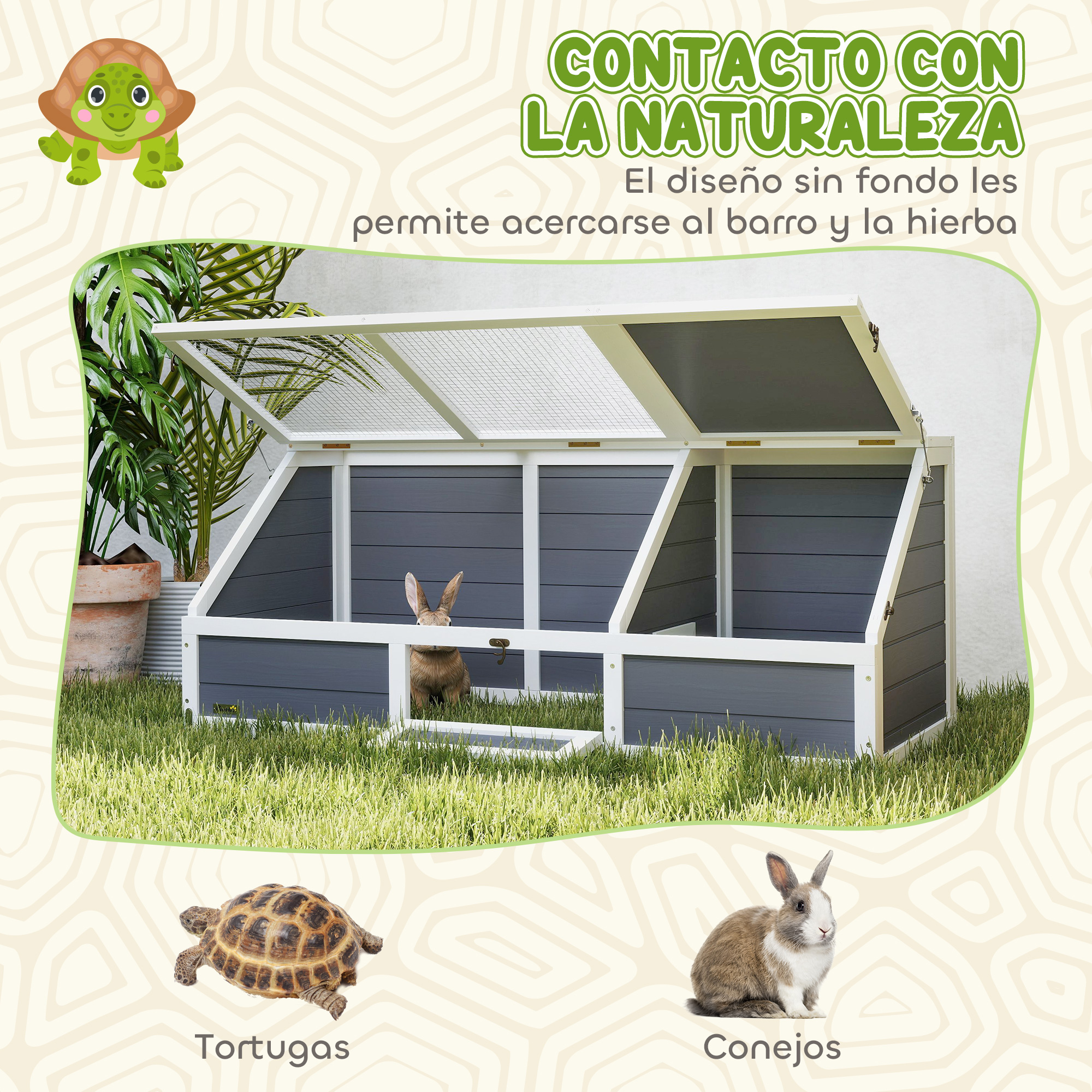 Un conejo en una jaula de madera con hierba verde. Una tortuga y un conejo también están en la imagen.