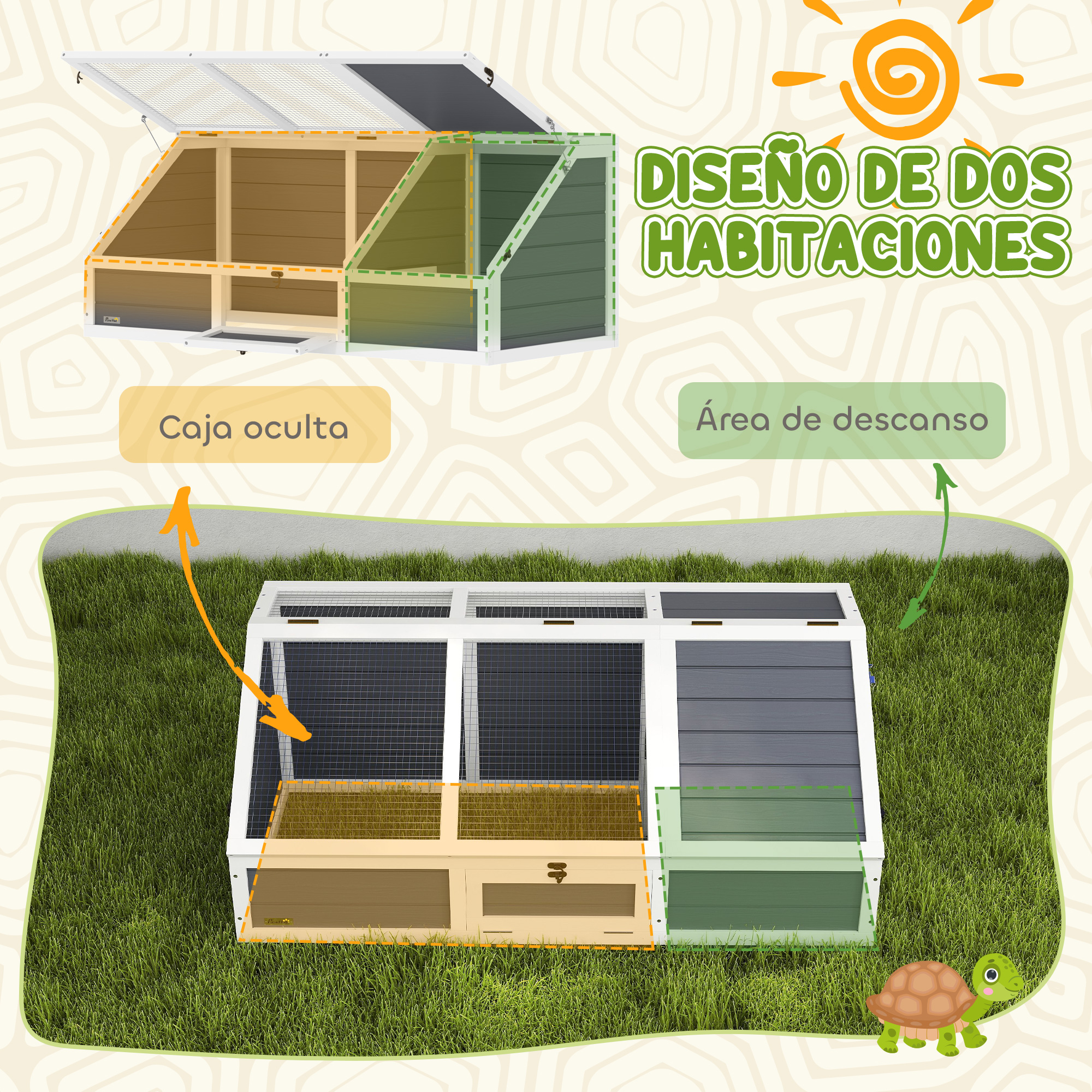 Diagrama que muestra una conejera de dos habitaciones con secciones etiquetadas. Una tortuga en la hierba.