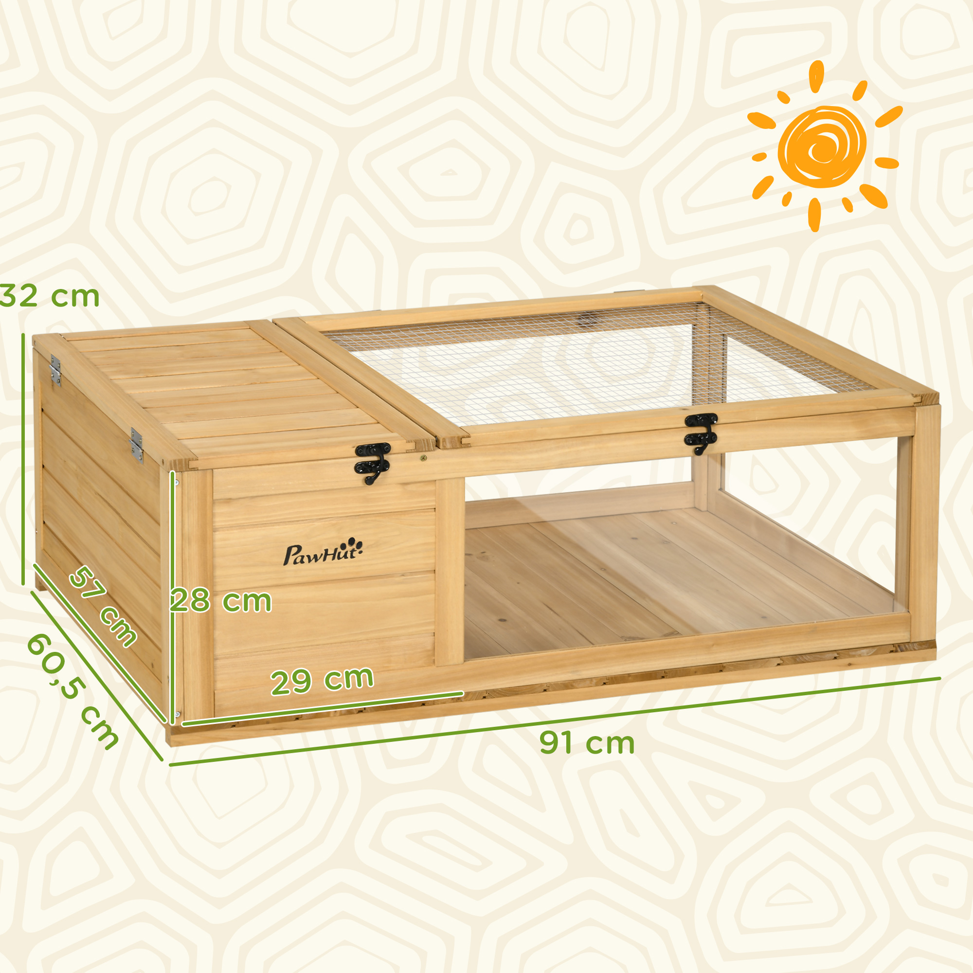 Hábitat de madera para mascotas con dimensiones. Tiene una parte superior con pantalla. El fondo es crema con una ilustración de sol.