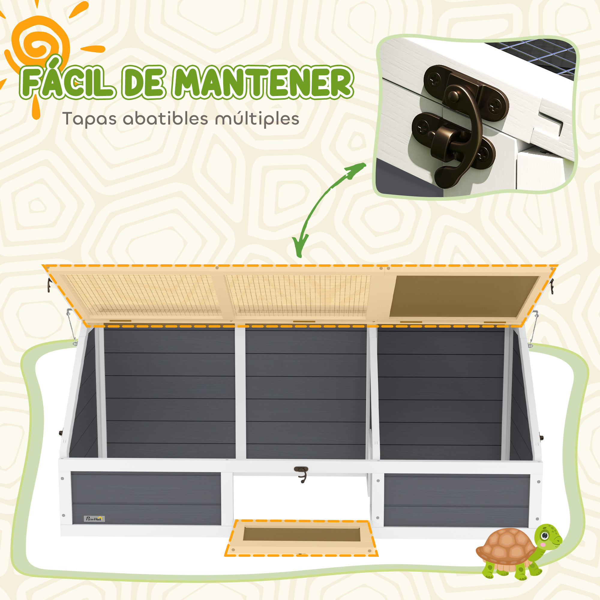 Casa de mascotas de madera con múltiples tapas abatibles, un pestillo e ilustración de tortuga. Texto: 'Fácil de mantener'.
