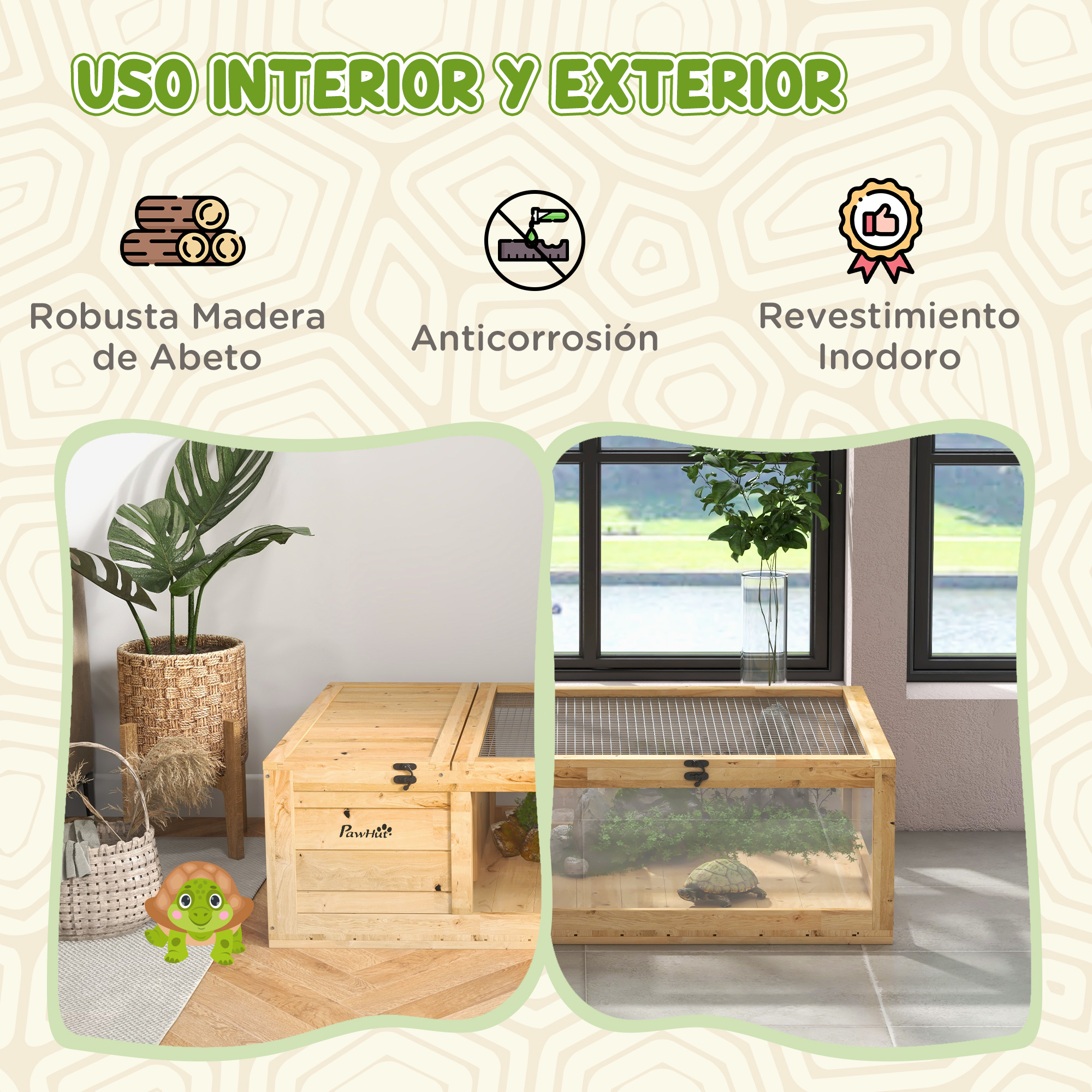 Un recinto de madera para mascotas, dividido en dos secciones. Un lado tiene una tortuga. El otro tiene una planta y una tortuga de dibujos animados.
