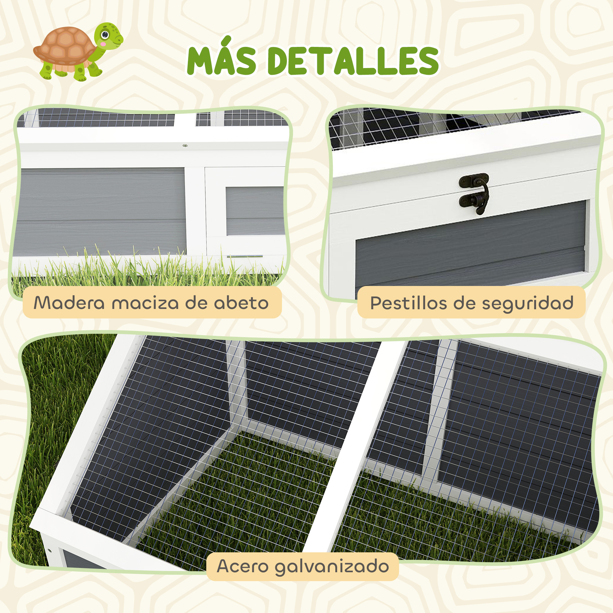 Una casa para mascotas blanca y gris con malla de alambre, madera maciza y pestillos de seguridad. La casa está sobre césped verde.